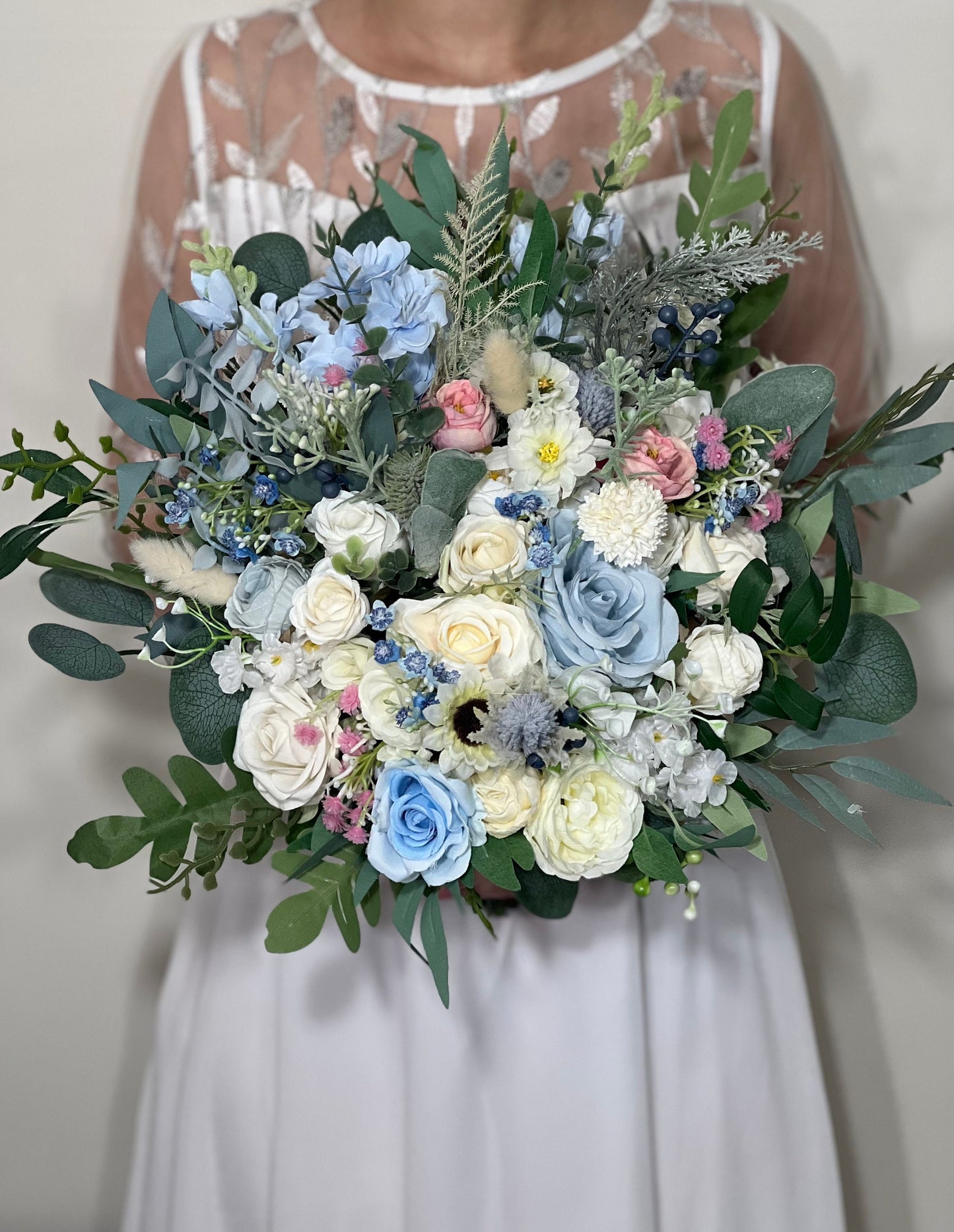 Wedding Bouquet Dusty Blue Bridal Rustic Wedding White Bouquet Wild Flower Dusty Rose Light Blue Sky Eucalyptus Flower Ivory Artificial