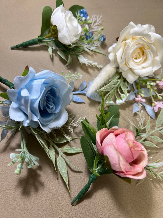 Wedding Boutonniรจre White Groom Wedding Pink Light Blue Boutonniere Groomsmen Ivory Decor Artificial Dried Flowers Eucalyptus White Rose