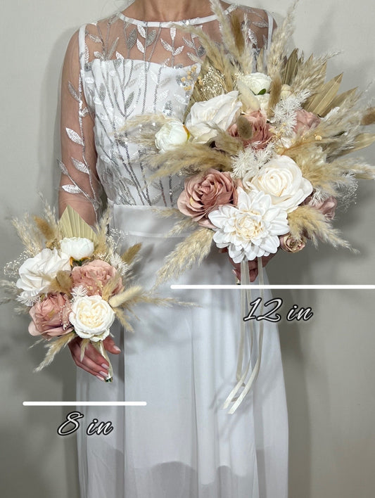 Wedding Dusty Rose Bouquet Boho Bridal White Dusty Rose Bouquet Pampas Grass Bridesmaids Bouquet Pink Palms Leaves Ivory Artificial Flower