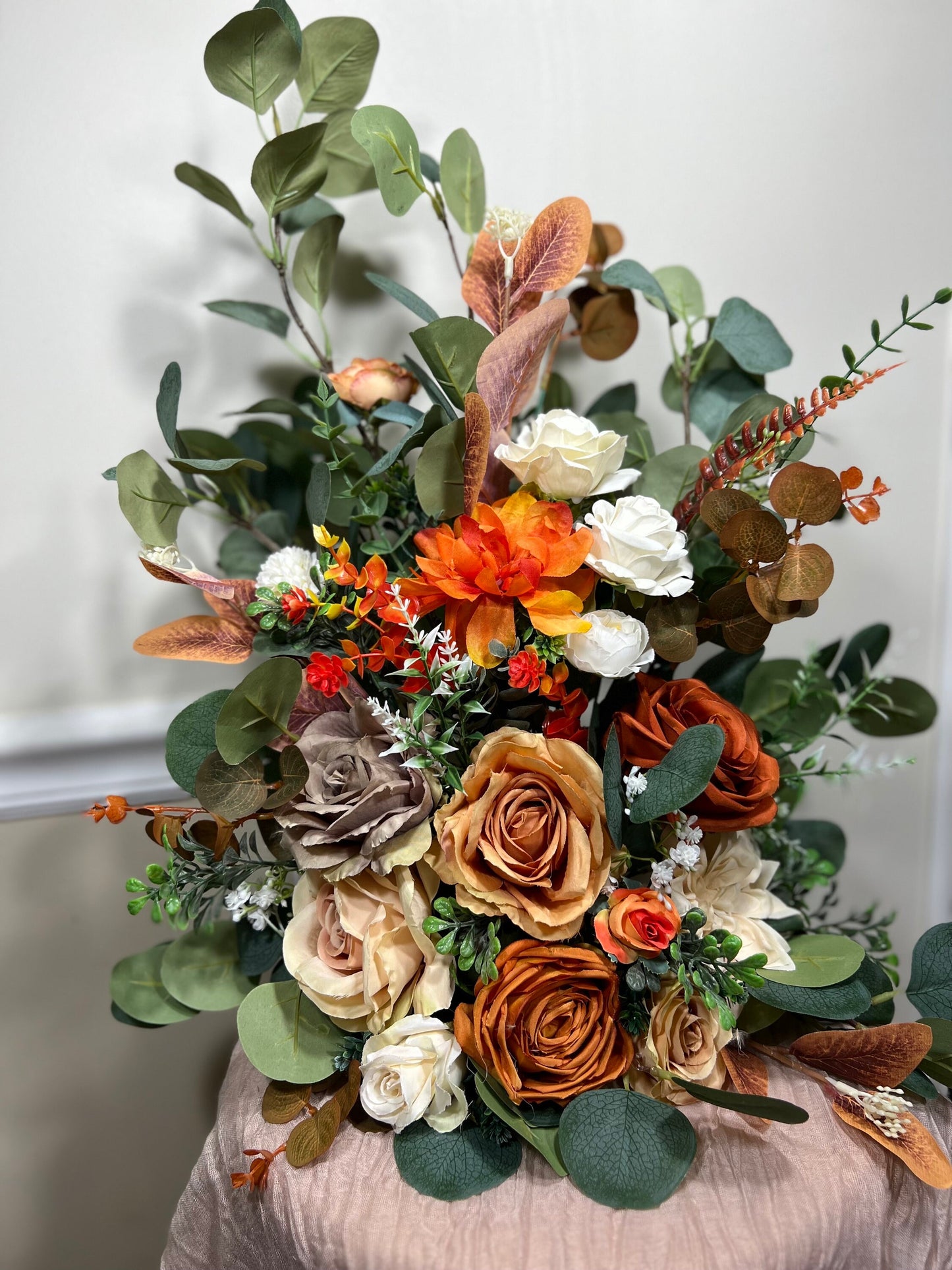 Wedding Aisle Marker Flower Floor Arrangement Whiskey Barrel Décor Orange Terracotta Ground Arch Rust Burn Orange White