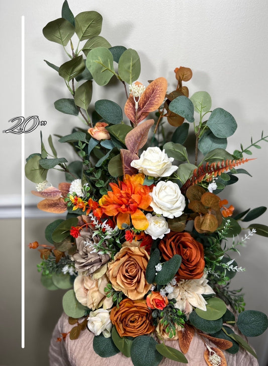 Set of 2 Wedding Aisle Marker Flower Floor Arrangement Whiskey Barrel Décor Orange Terracotta Ground Arch Rust Burn Orange White