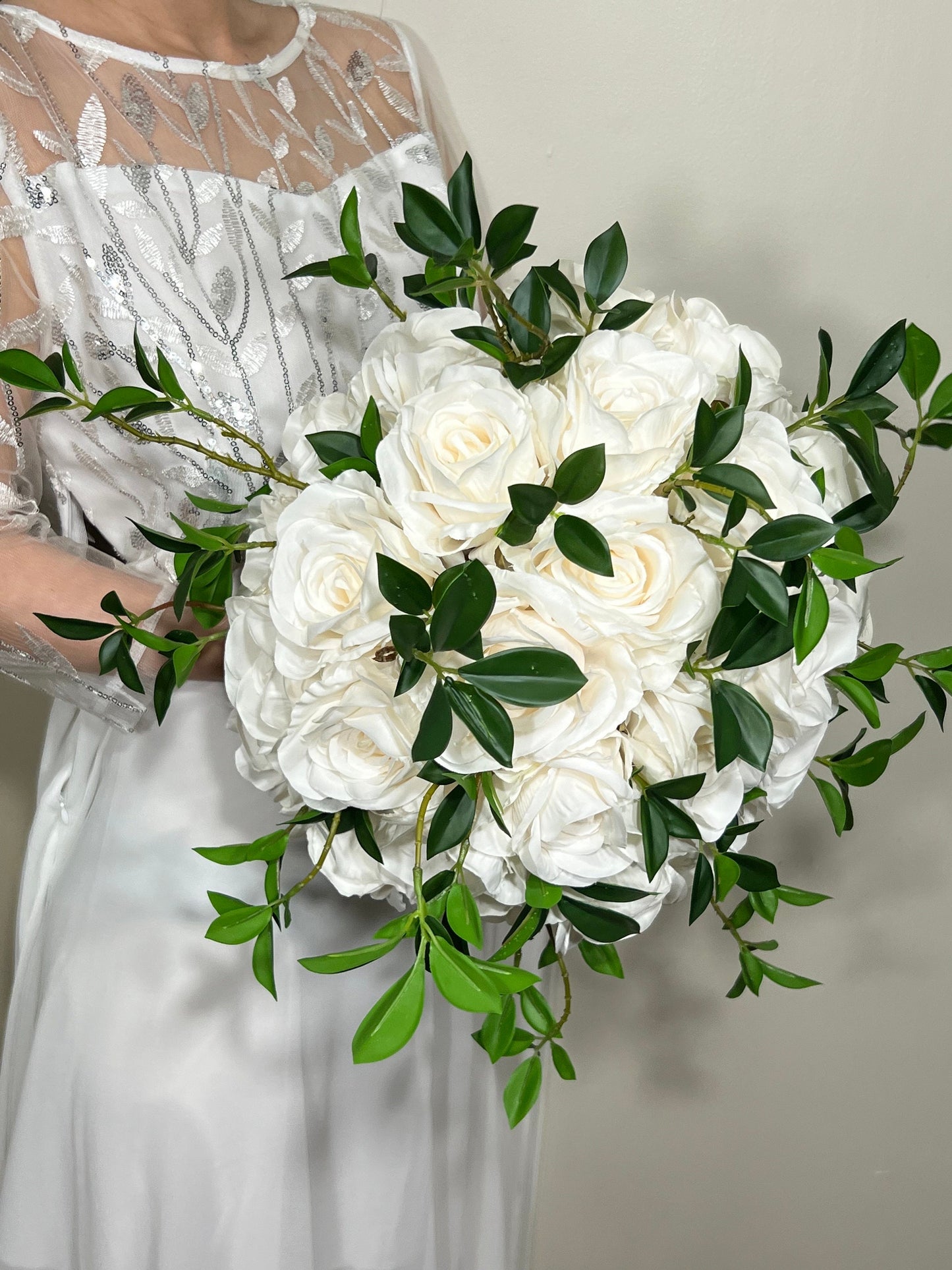 Wedding Bouquet White Bridal Wedding Ivory Classic Rose Bridesmaids Decor Handmade Artificial Faux Greenery Flower Eucalyptus Decoration