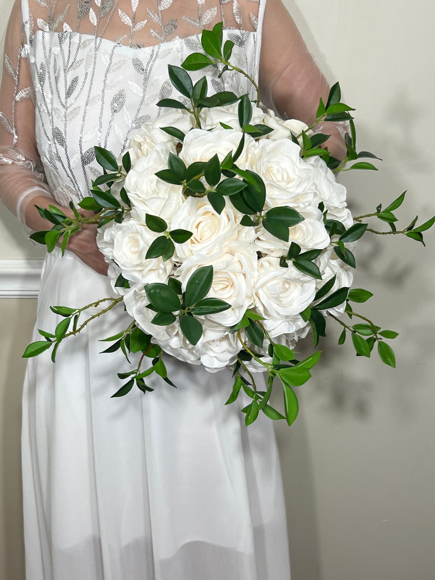 Wedding Bouquet White Bridal Wedding Ivory Classic Rose Bridesmaids Decor Handmade Artificial Faux Greenery Flower Eucalyptus Decoration