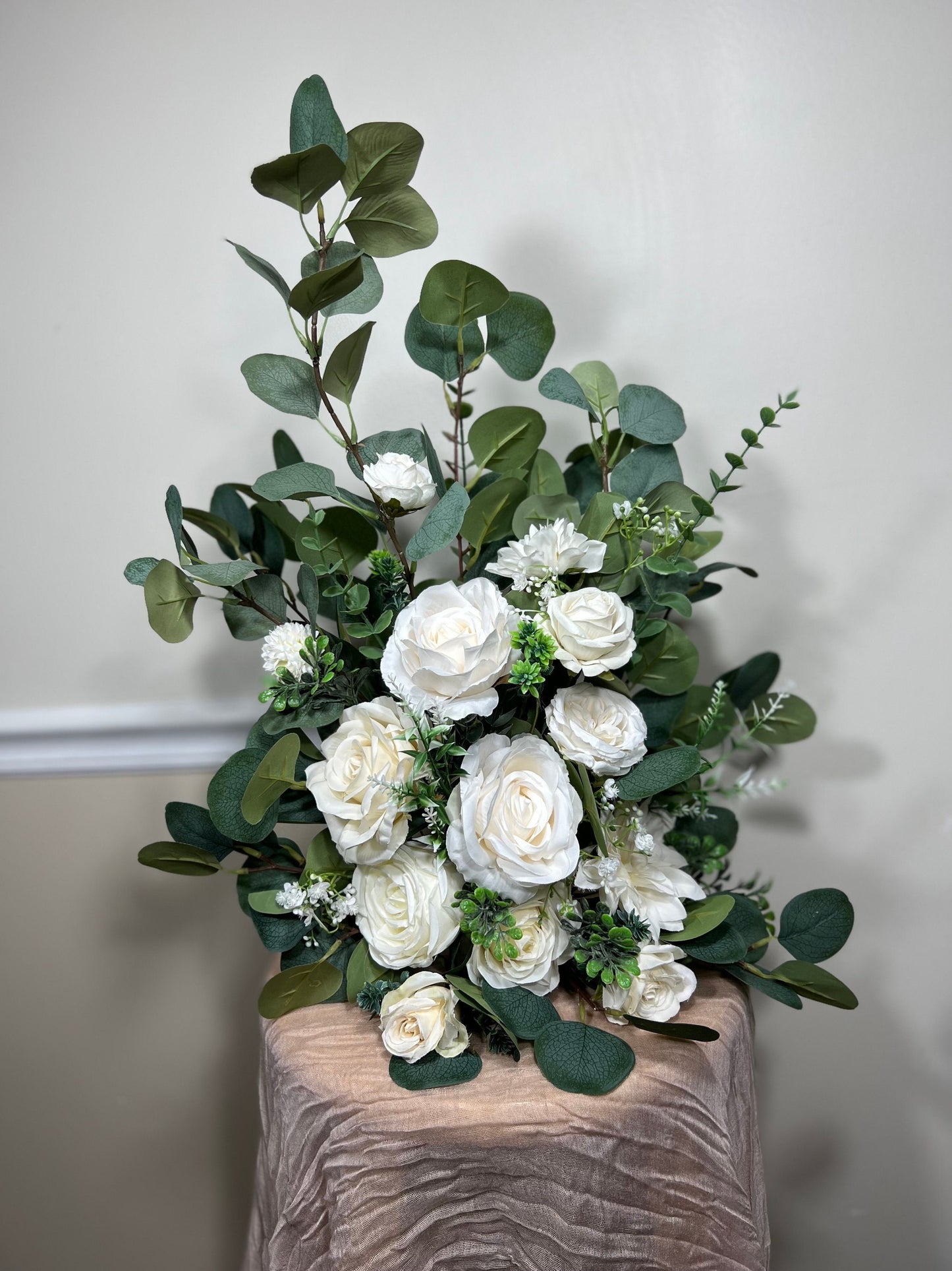 Wedding Aisle Marker Flower Floor Arrangement Whiskey Barrel Décor Dusty Rose Ground Arch Ivory Eucalyptus Artificial Flower