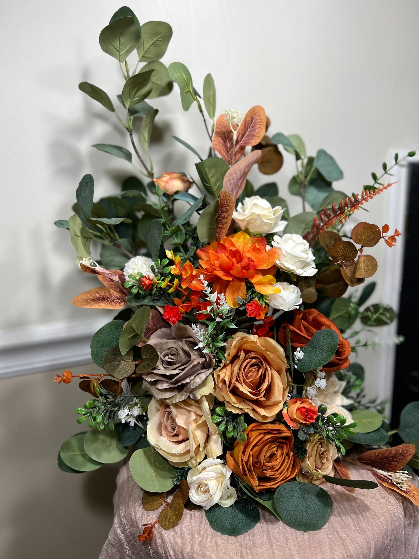 Wedding Aisle Marker Flower Floor Arrangement Whiskey Barrel Décor Orange Terracotta Ground Arch Rust Burn Orange White