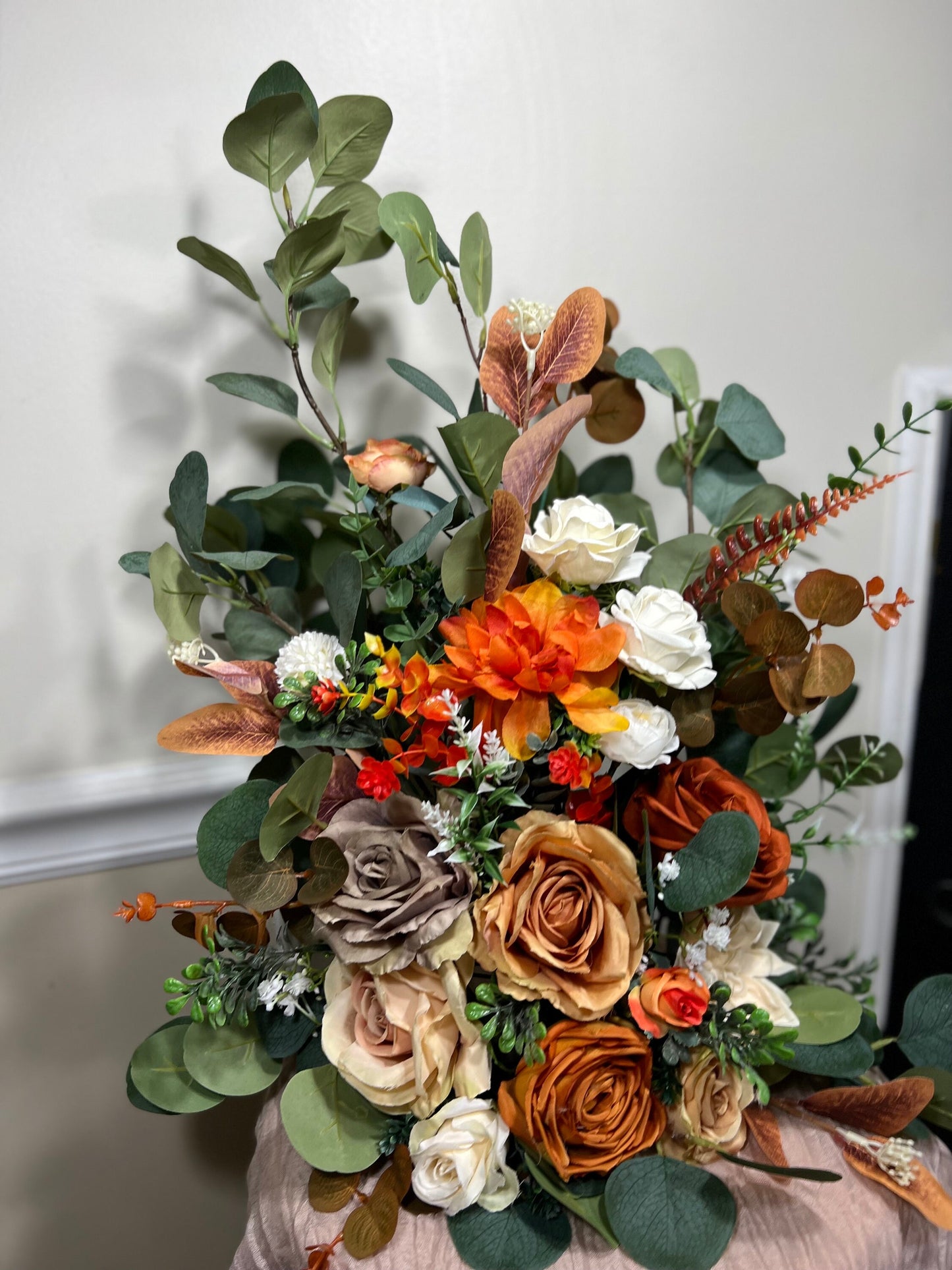 Wedding Aisle Marker Flower Floor Arrangement Whiskey Barrel Décor Orange Terracotta Ground Arch Rust Burn Orange White