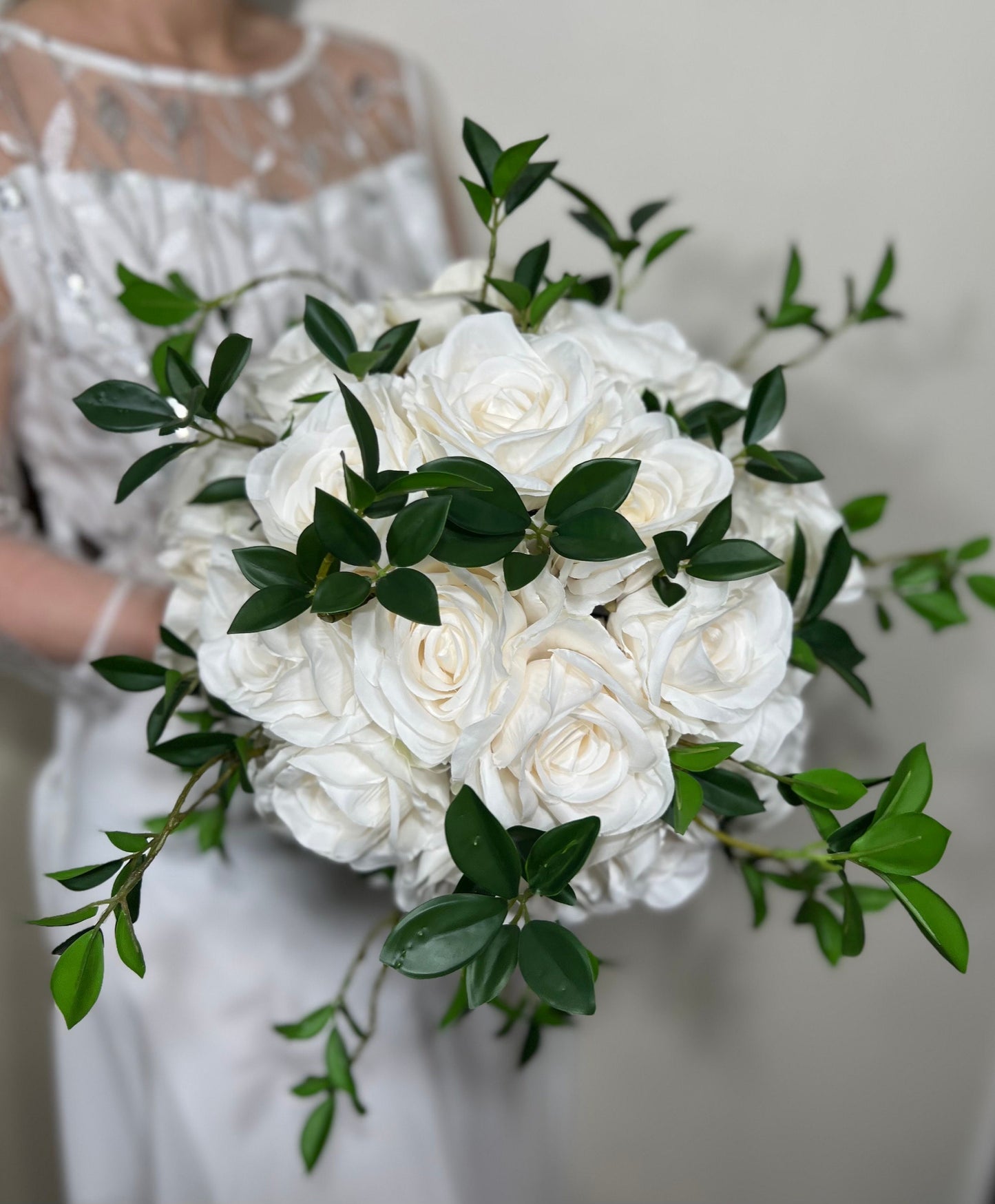 Wedding Bouquet White Bridal Wedding Ivory Classic Rose Bridesmaids Decor Handmade Artificial Faux Greenery Flower Eucalyptus Decoration