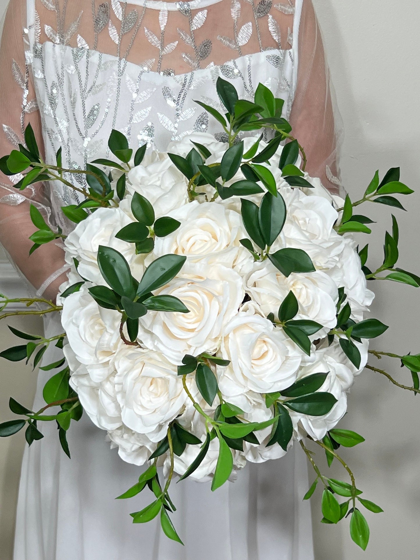 Wedding Bouquet White Bridal Wedding Ivory Classic Rose Bridesmaids Decor Handmade Artificial Faux Greenery Flower Eucalyptus Decoration
