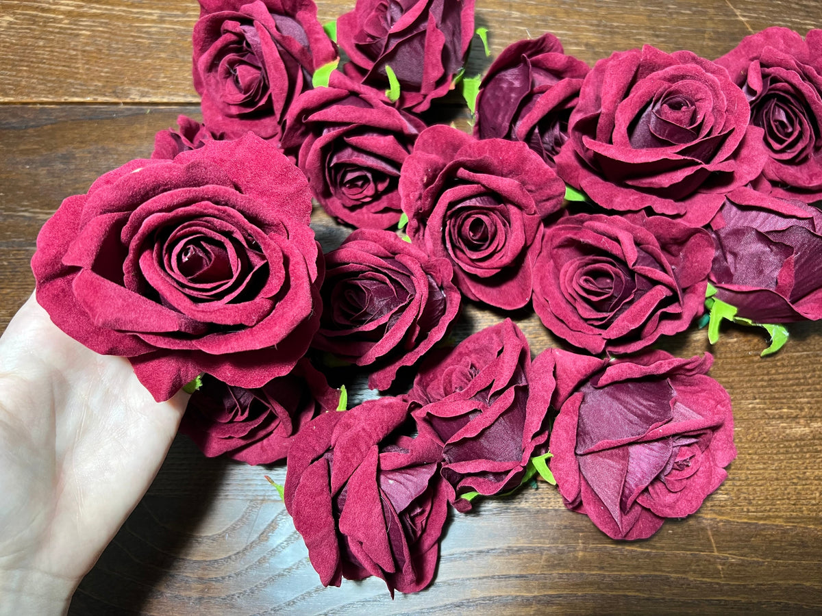 Burgundy Velvet Flowers Head Rose Dark Red Wine High Quality Maroon Red Wedding Artificial Roses Home Décor Silk Decorative DIY Supplies