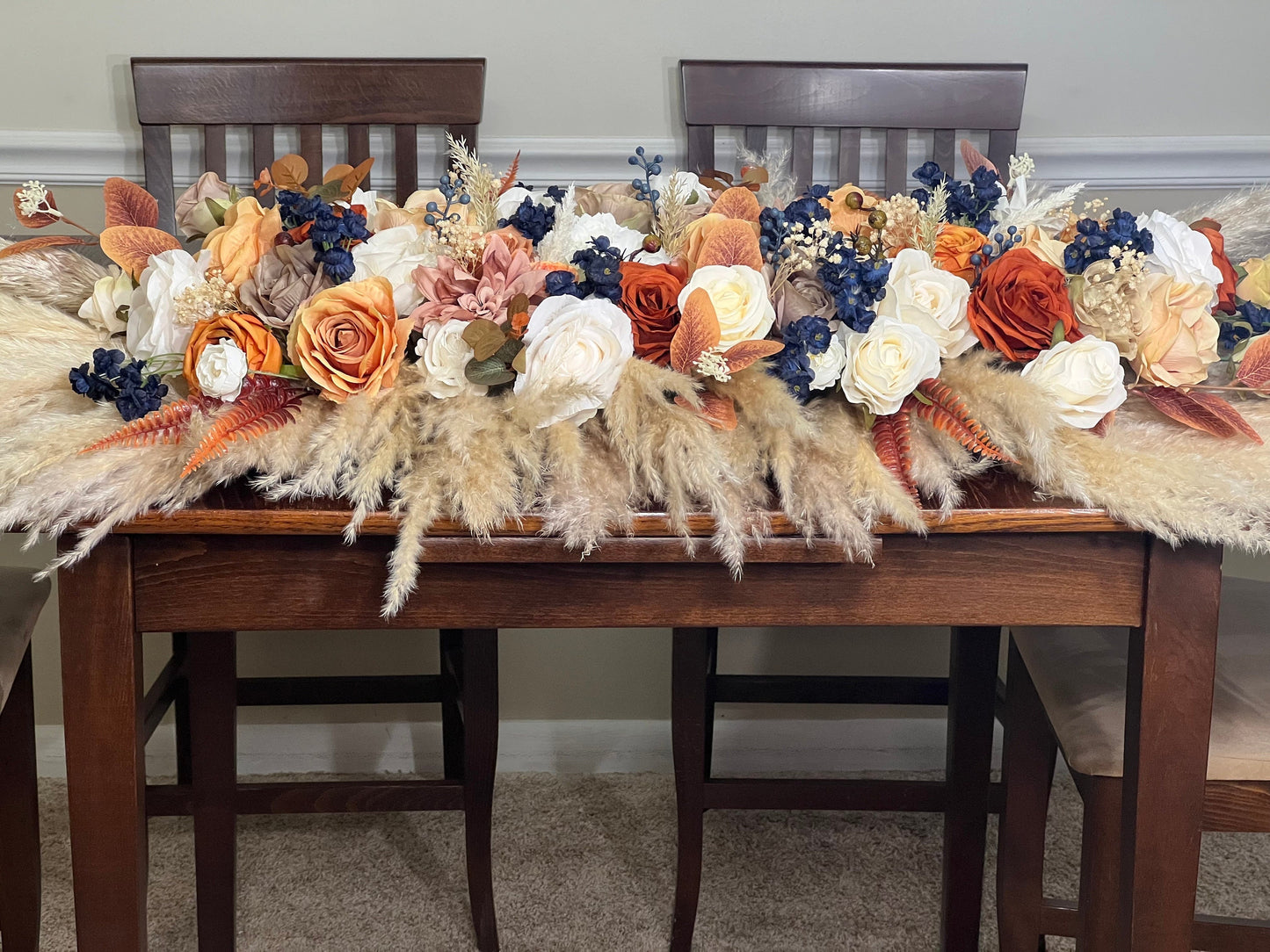 Wedding Sweetheart Terracotta Navy Blue Burnt Orange Boho Table Arrangement Rust Centerpiece Table Orange Blue Sweetheart Pampas Grass