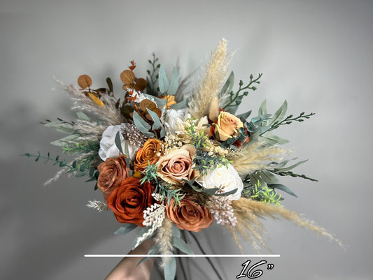 Wedding Bouquet Terracotta Rust Burnt Orange Bouquet Bridal Ivory Fall Eucalyptus Baby Breath Cinnamon Rose Pampas Grass Artificial Flower