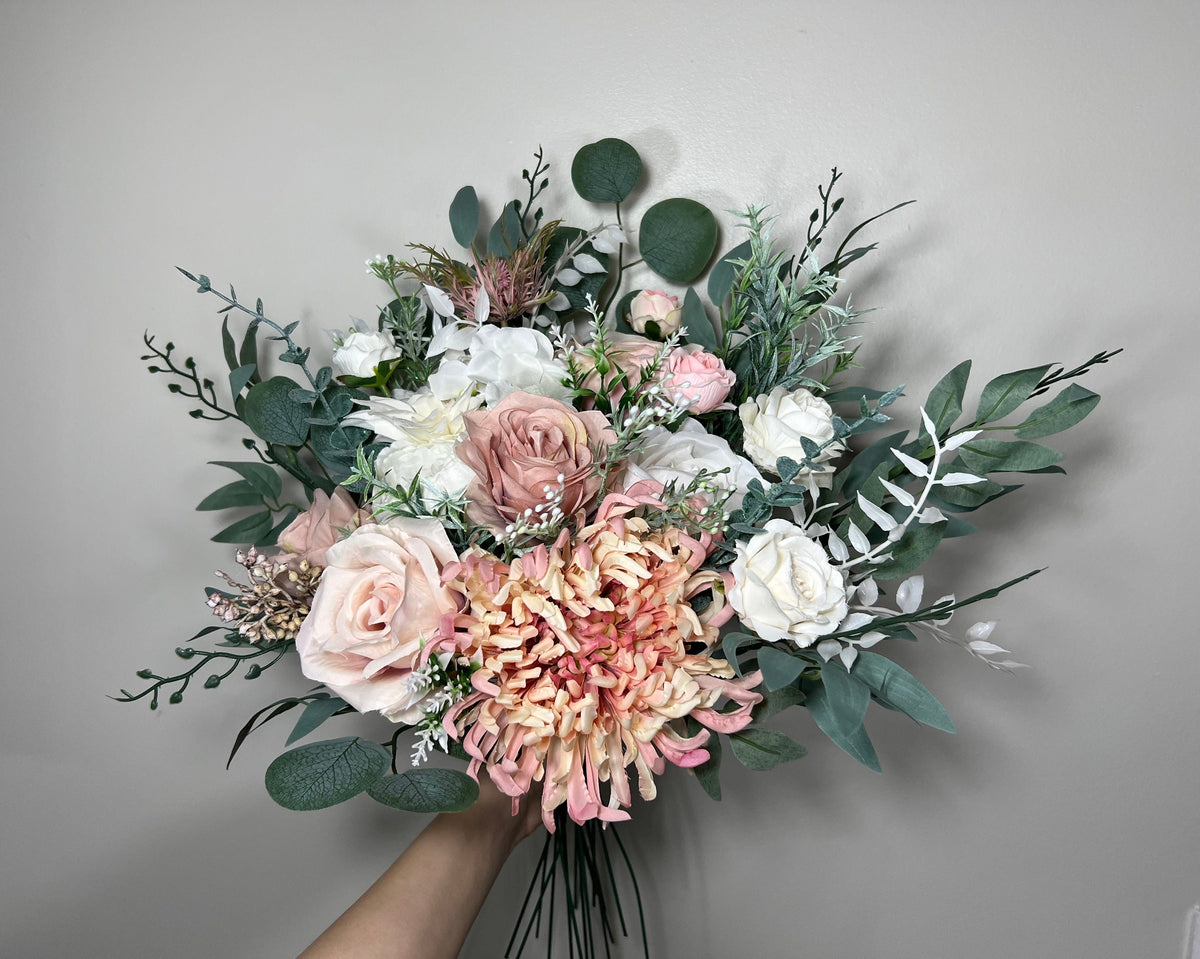 Wedding Bouquet Dusty Rose Bridal Blush Dahlia Wedding Bouquet Ivory Bridesmaids Decor Eucalyptus Pink Flower White Spring Artificial Flower