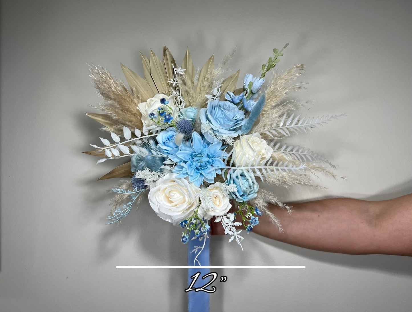 Wedding Bouquet Dusty Blue Sky Bridal Boho Bouquet Palms Leaves Wedding Royal Blue Baby White Pampas Grass Bouquet Artificial Flower Winter