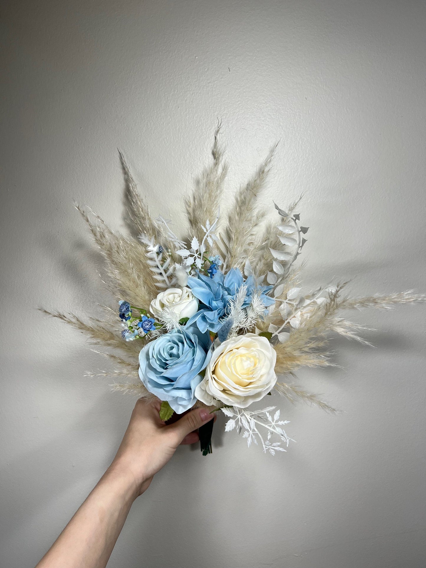 Wedding Bouquet Dusty Blue Sky Bridal Boho Bouquet Palms Leaves Wedding Royal Blue Baby White Pampas Grass Bouquet Artificial Flower Winter