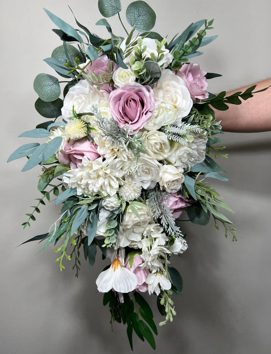 Wedding Bouquet Cascade Lavender Bridesmaids Purple Bridal Lilac Cascading Lavender Bouquet White Eucalyptus Artificial Flower Mauve