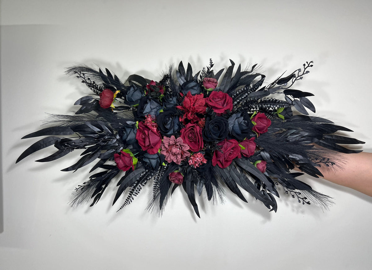 Wedding Arch Arrangement Black Burgundy Arch Aisle Arrangement Halloween Decor Gothic Black Artificial Flowers Eucalyptus Bunny Tails Reddit