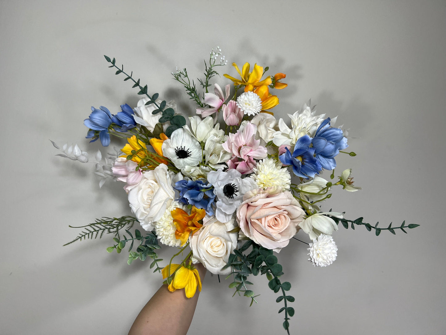 Wedding Bouquet Wild Flower Bridal White Bouquet Pink Blush Dusty Blue Bridesmaids Bouquet Poppy Spring Summer Anemone Artificial Flower