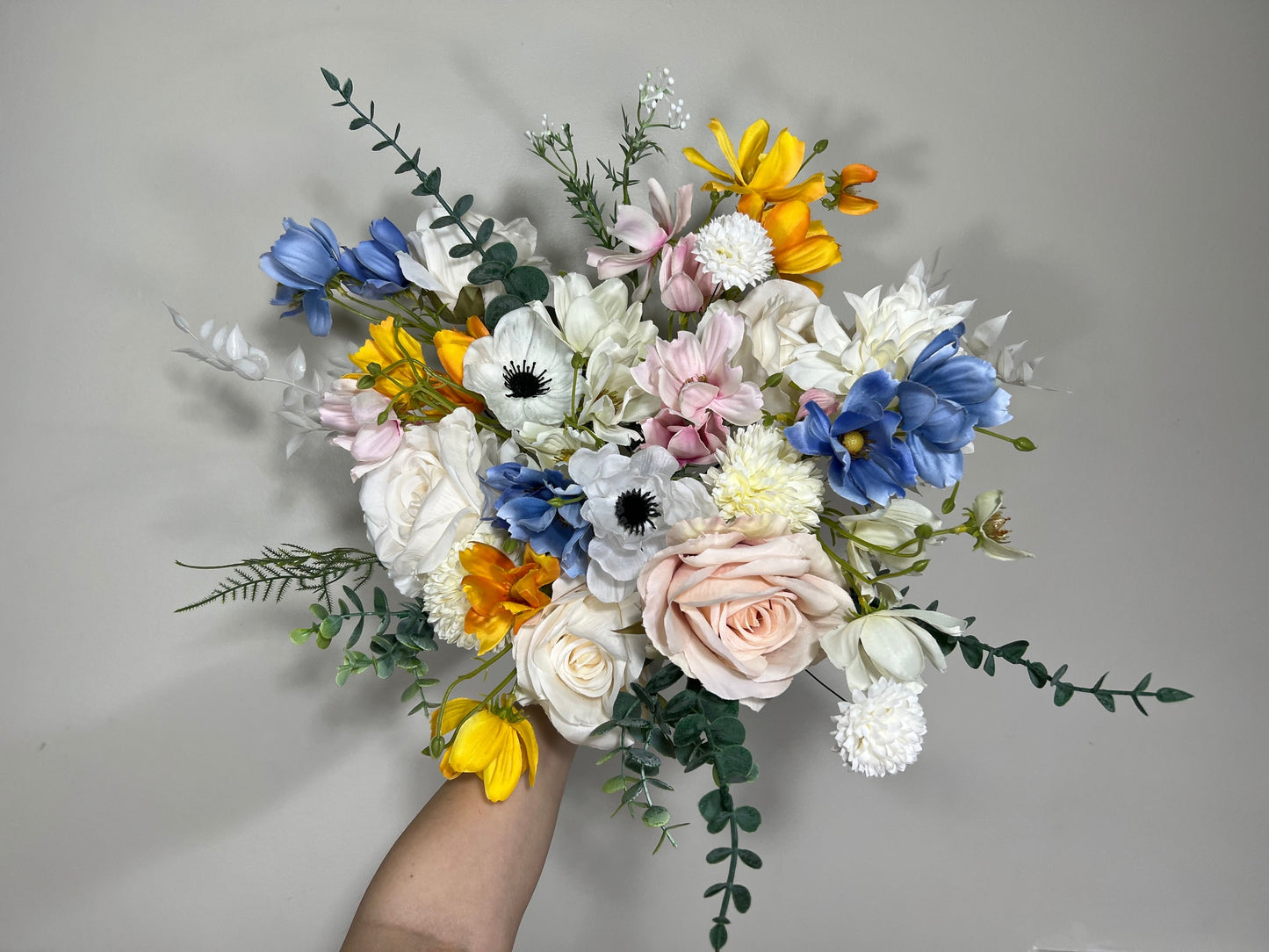 Wedding Bouquet Wild Flower Bridal White Bouquet Pink Blush Dusty Blue Bridesmaids Bouquet Poppy Spring Summer Anemone Artificial Flower