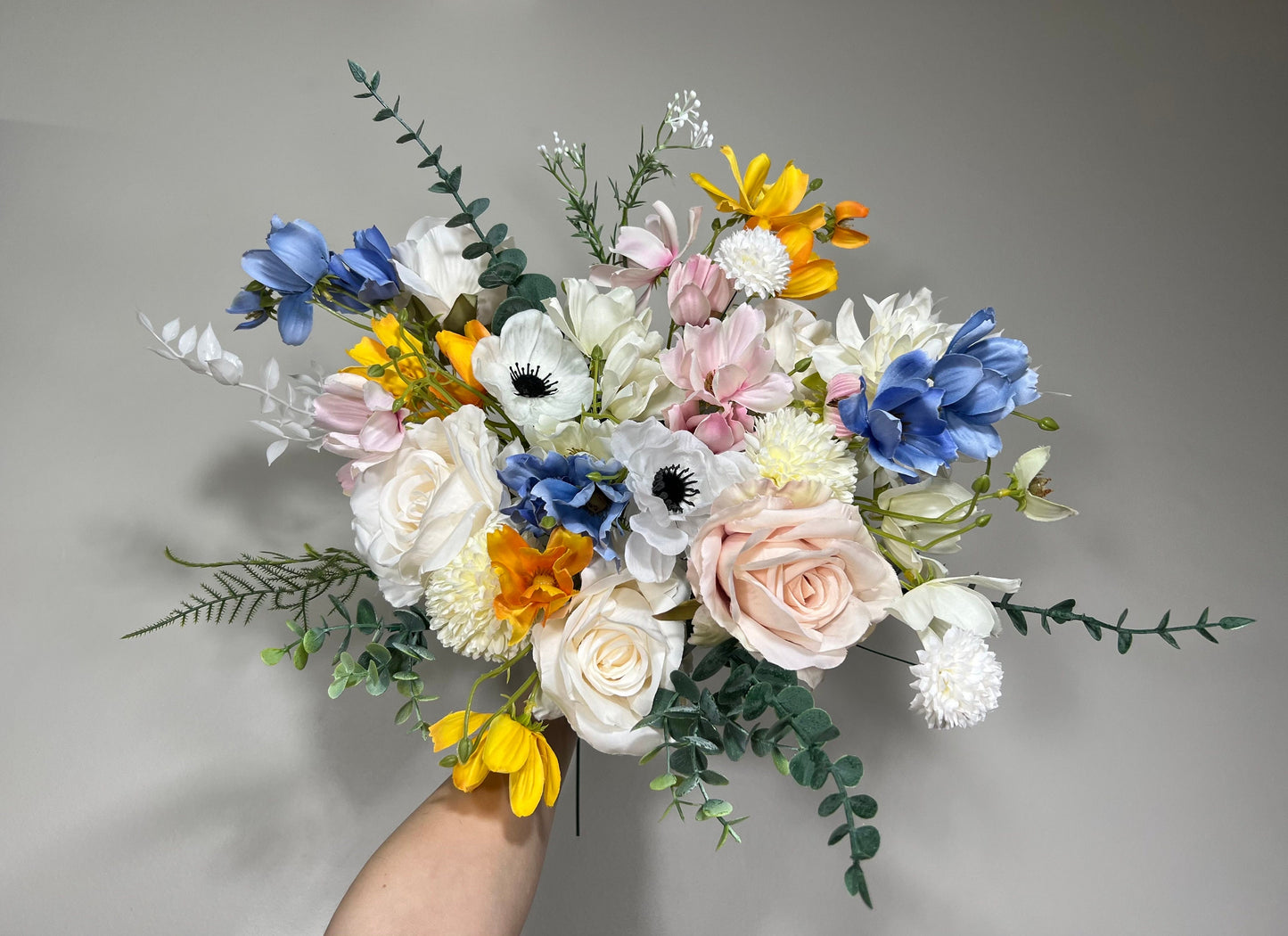 Wedding Bouquet Wild Flower Bridal White Bouquet Pink Blush Dusty Blue Bridesmaids Bouquet Poppy Spring Summer Anemone Artificial Flower