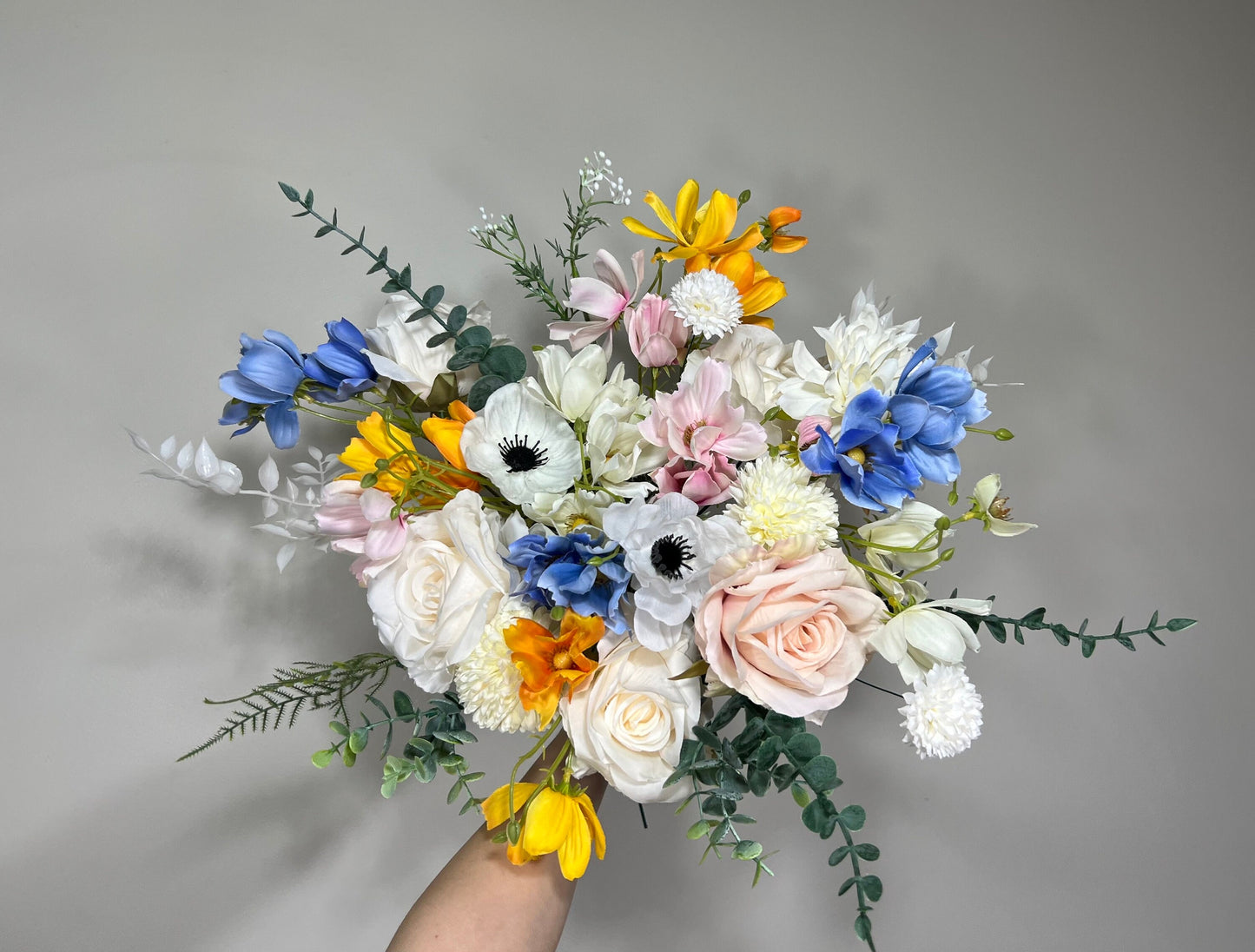 Wedding Bouquet Wild Flower Bridal White Bouquet Pink Blush Dusty Blue Bridesmaids Bouquet Poppy Spring Summer Anemone Artificial Flower