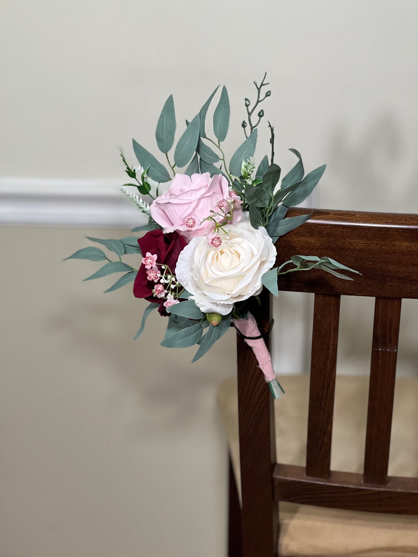 Pew Decor Wedding White Chair Decor Burgundy Aisle Flowers Blush Pink Aisle Arrangement Wedding Ceremony Decoration Chair Artificial Flower