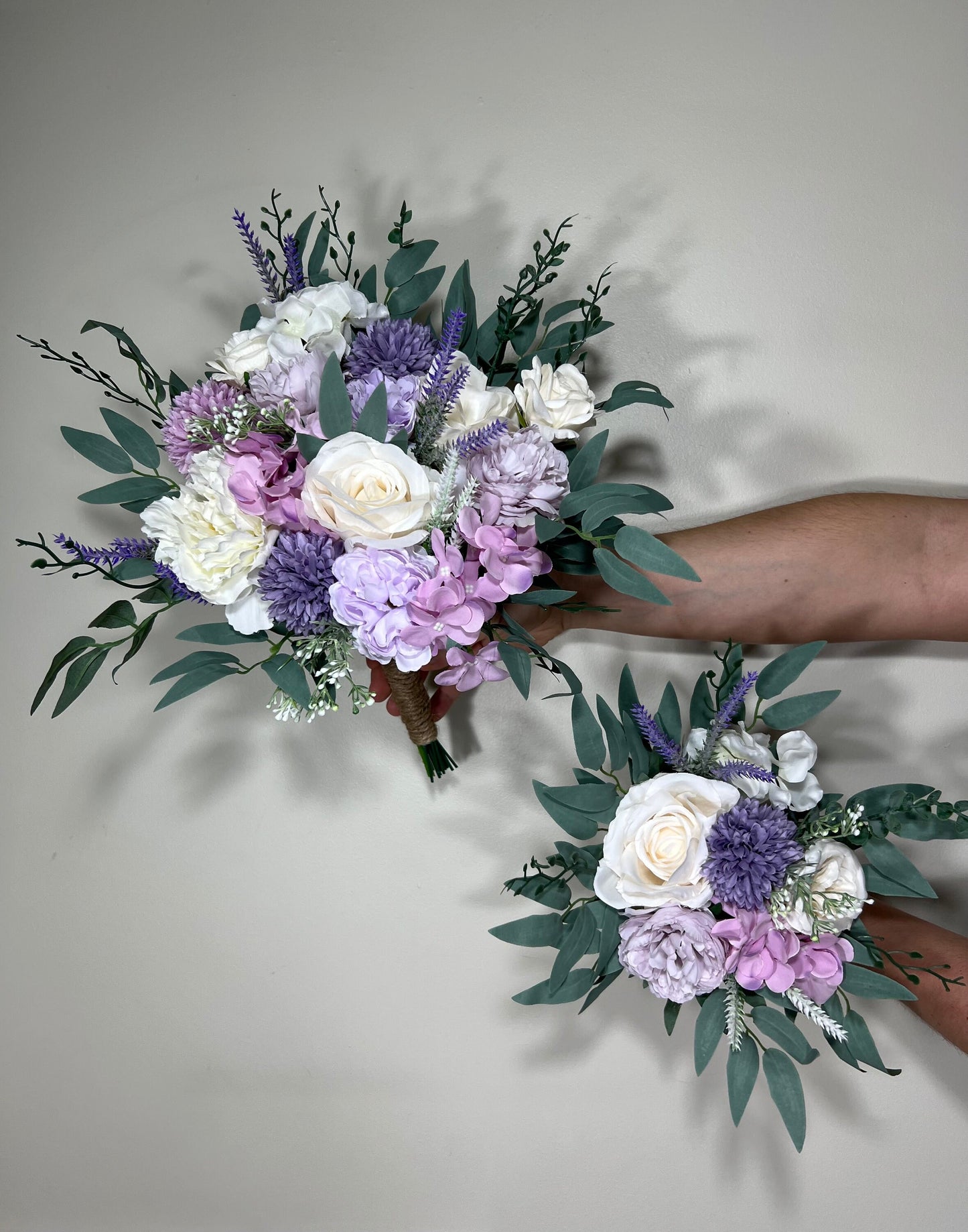 Wedding Lavender Bouquet Purple Bridal Violet Bouquet Plum Bridesmaids Lilac Dandelion Hydrangea Eucalyptus White Wild Flowers Artificial