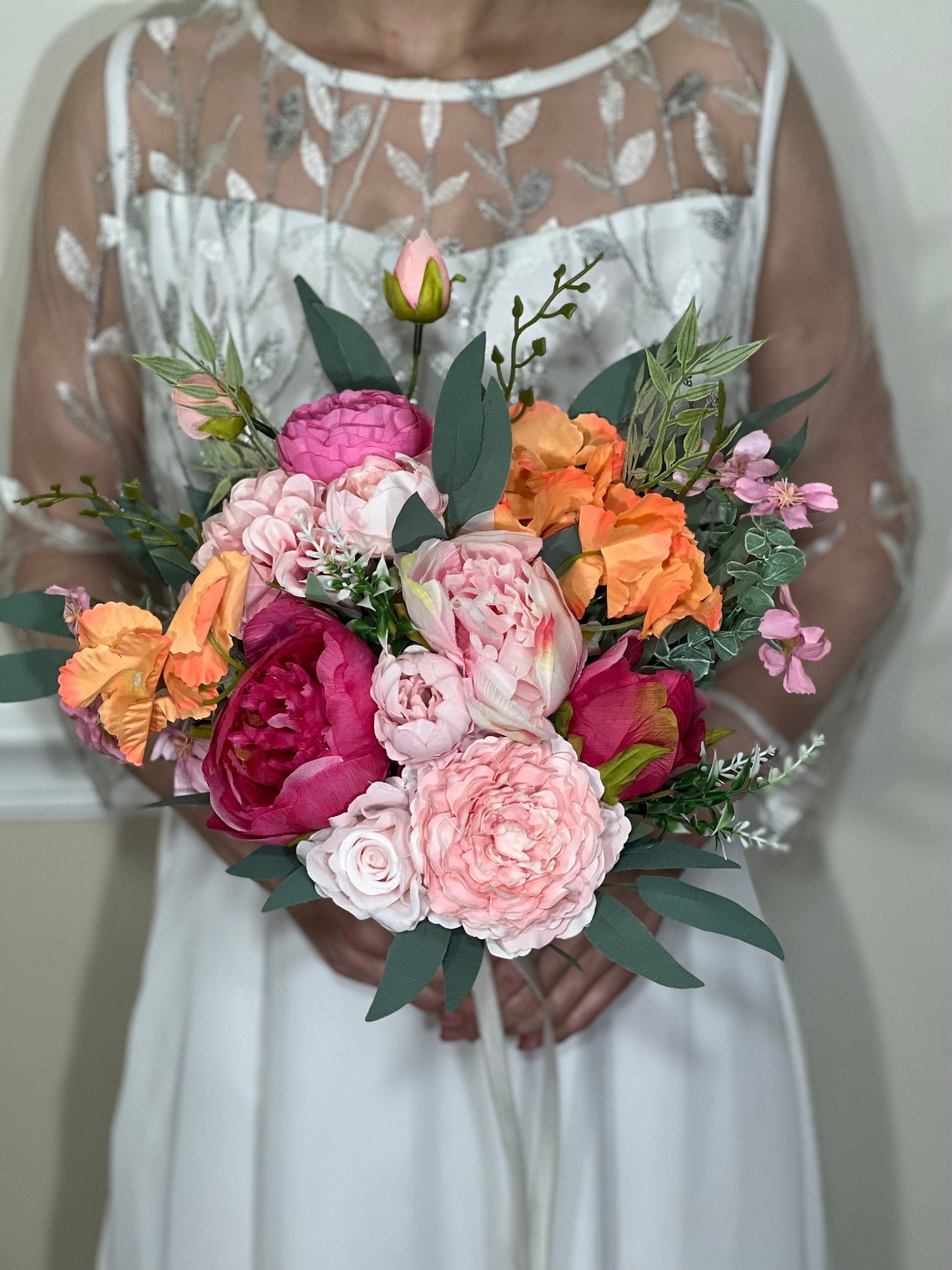 Wedding Pink Bouquet Wild Flower Bridal Dusty Rose Bouquet Bridesmaids White Orange Eucalyptus Fuchsia Spring Peony Artificial Flower