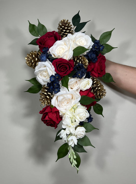 Wedding Christmas Bouquet Cascade Winter Burgundy Gold Pine Cone Navy Blue Beauty and Beast Cascading Bridal Bouquet Red White Bridesmaids
