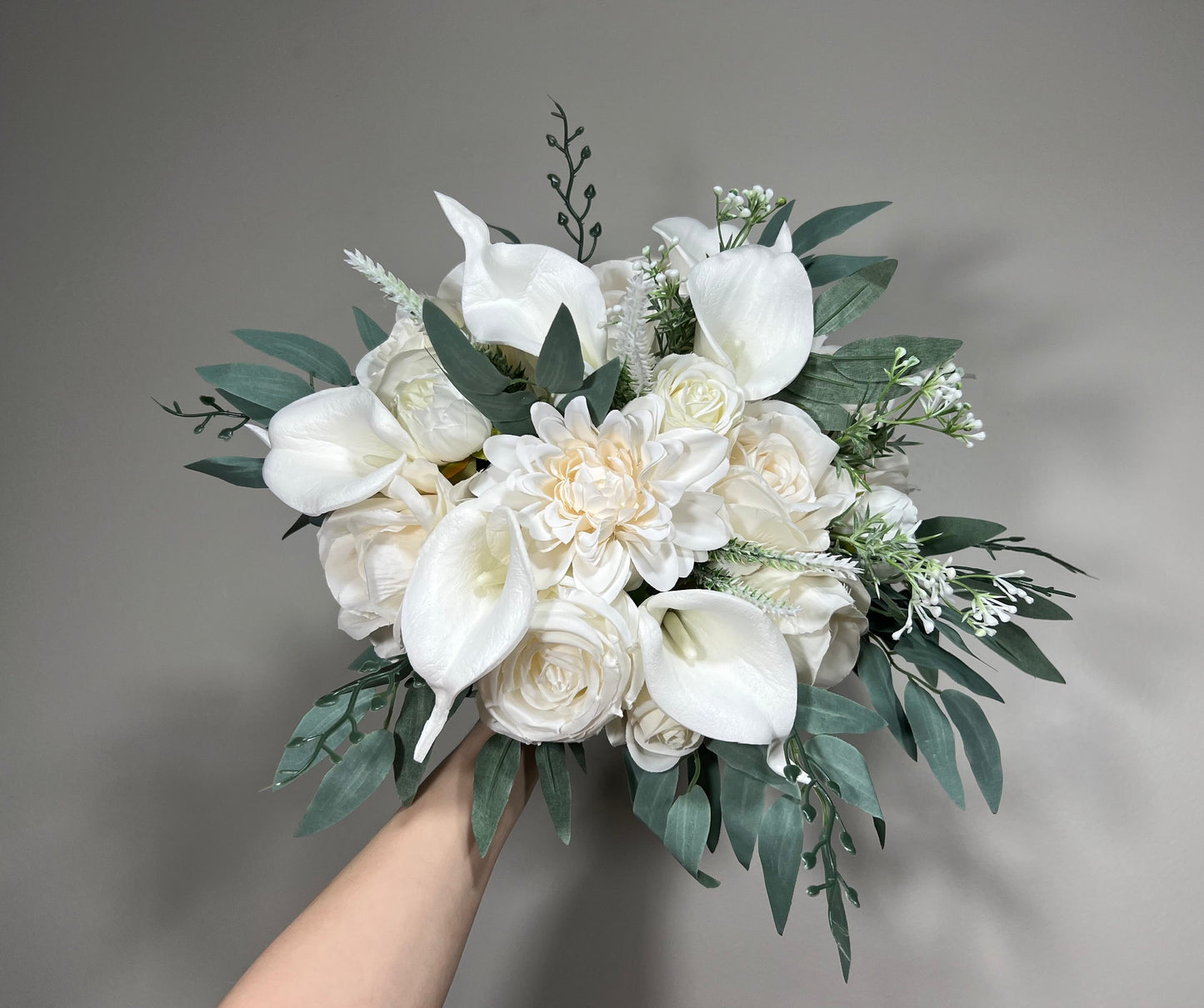 Wedding Calla Lilies Bouquet White Bridal Ivory Bouquet Classic Sage Eucalyptus Greenery Calla Lily Bridesmaids Bouquet Artificial Flowers