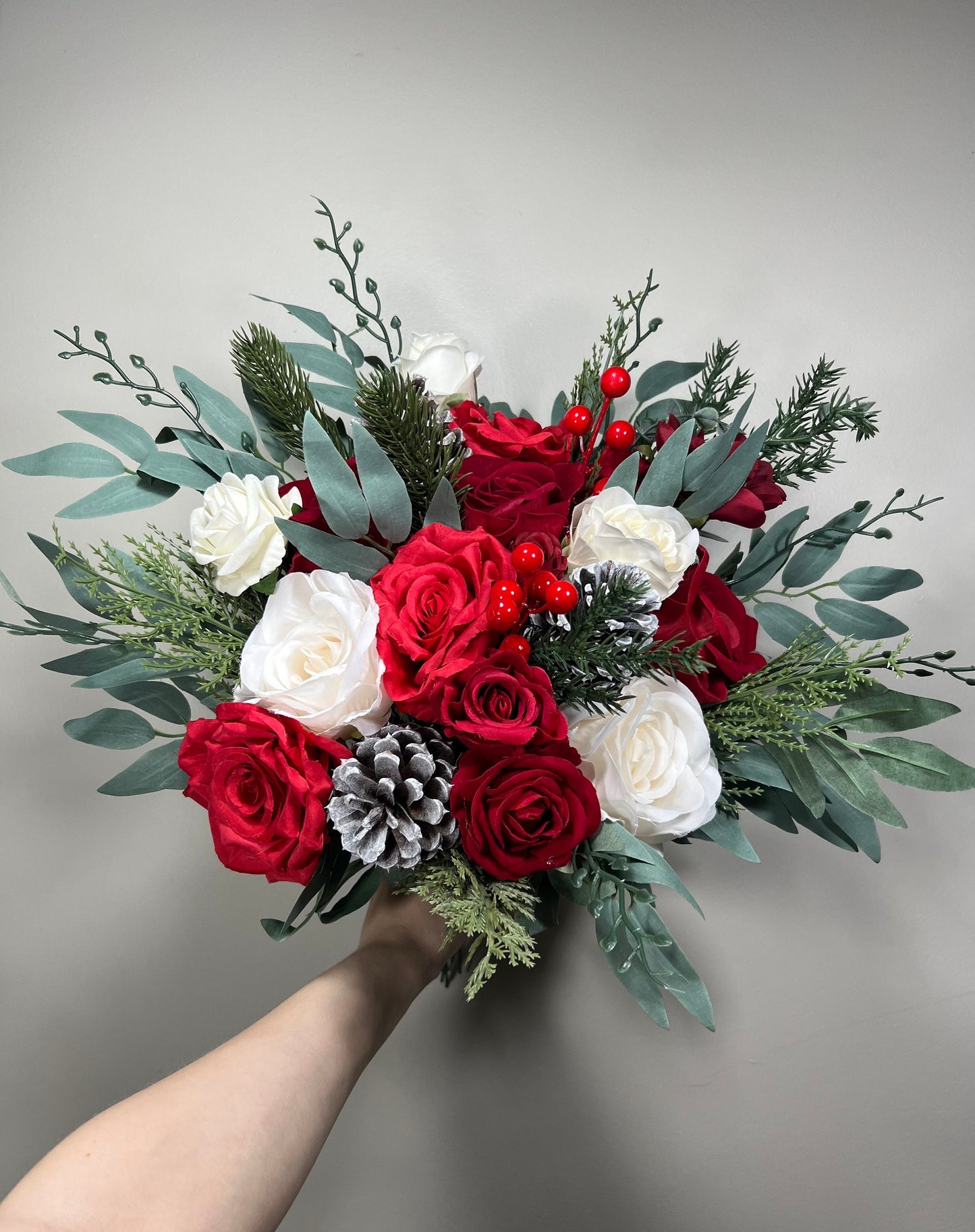 Wedding Christmas Bouquet Bridal Red White Winter Red Christmas Ivory Rustic Bridesmaids Bouquet Gold Christmas Tree Pine Cone