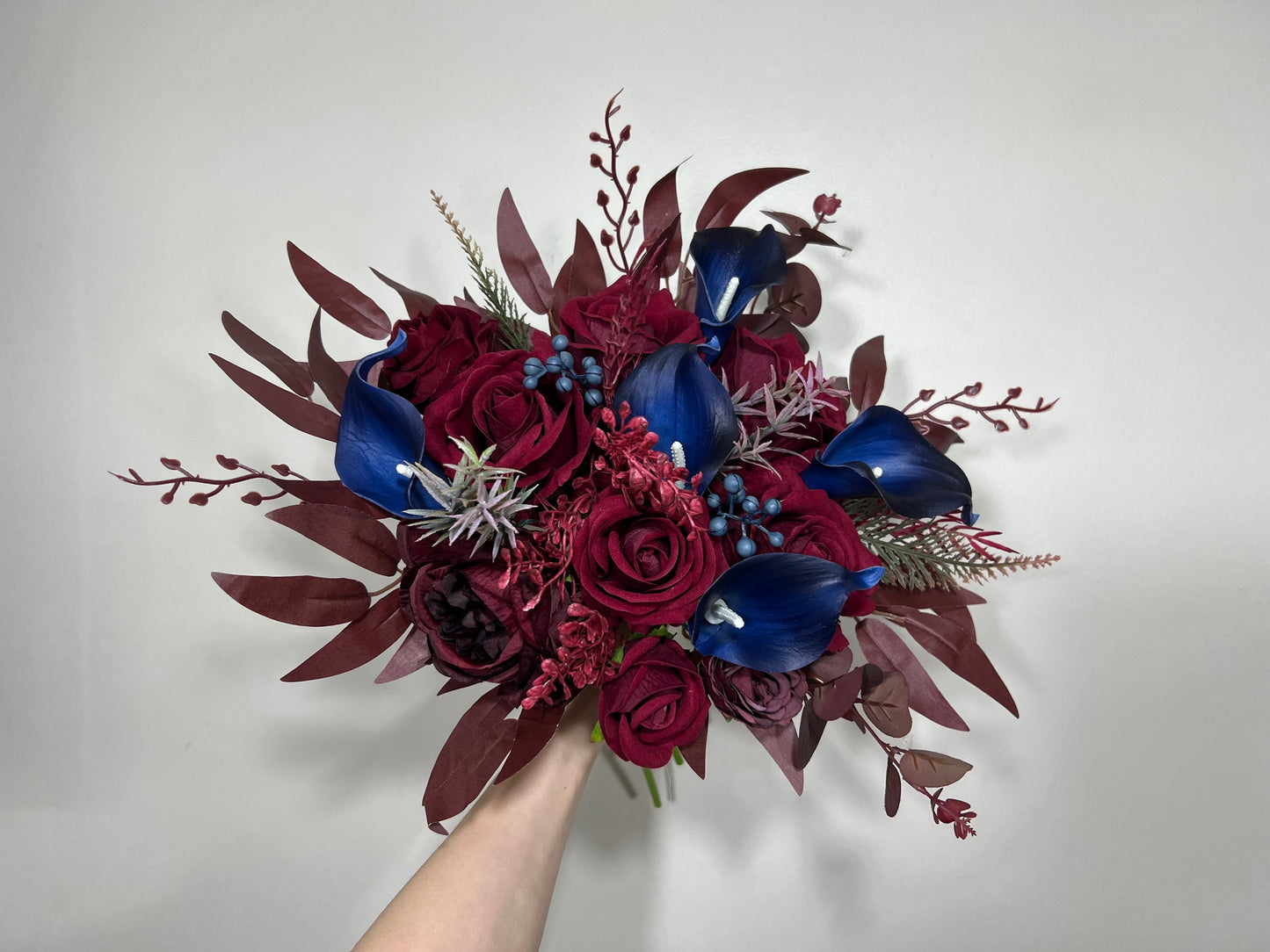 Wedding Bouquet Burgundy Navy Blue Bridal Bouquet Burgundy Calla Lily Navy Blue Bridesmaids Bouquet Navy Calla Artificial Flower