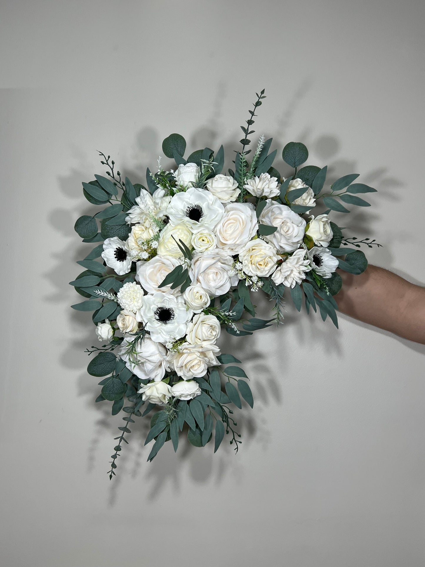 Wedding Cascade Bouquet Anemone White Baby Breath Cascading Bridal Wedding Anemone Bouquet Ivory Sage Classic Eucalyptus Artificial Flower