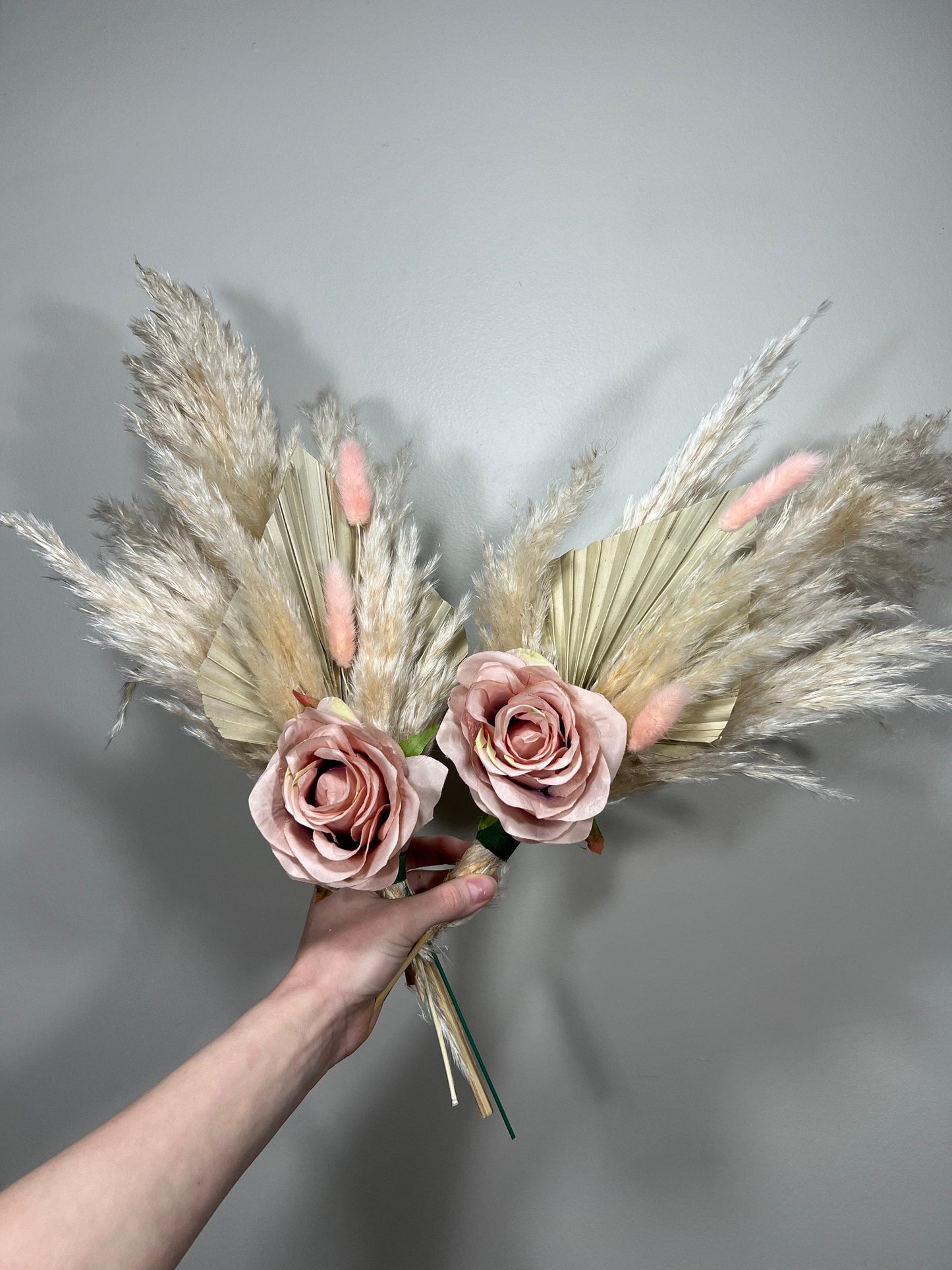 Dusty Rose Boho Wedding Centerpiece • Pampas Grass & Palm Leaf Floral • Silk Table Decor • Rustic Bridal Shower Arrangement