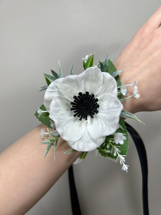 Anemone Corsage Wedding White Wrist Corsage Anemone Bridesmaids Corsage Ivory Mom Corsage Accessories Artificial Flowers White Anemone