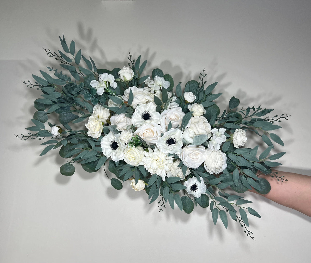 Wedding Corner Arch Arrangement White Corner Anemone Arch Arrangement Ivory Black White Anemone Artificial Flower Eucalyptus Sage Swag Arch