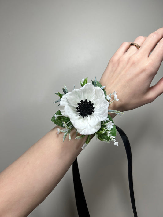 White Black Bouquet Wedding Cascade Anemone Bouquet White Cascading Bouquet Bridesmaids Black White Anemone Bouquet Greenery Artificial