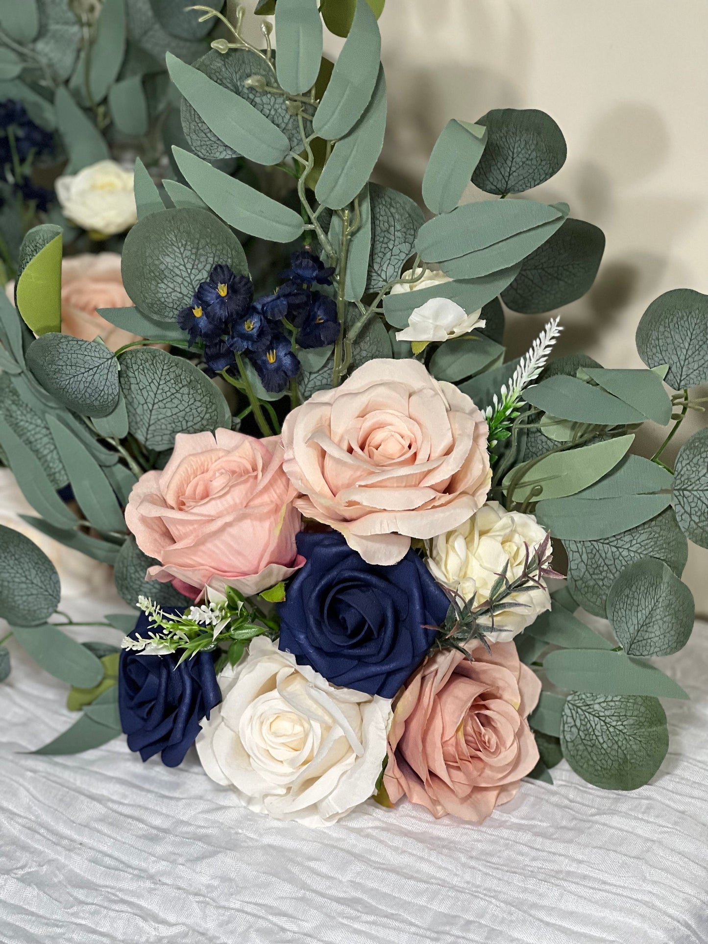 Wedding Aisle Marker Flower Floor Arrangement Whiskey Barrel Décor Pink White Dusty Rose Navy Blue Ground Arch