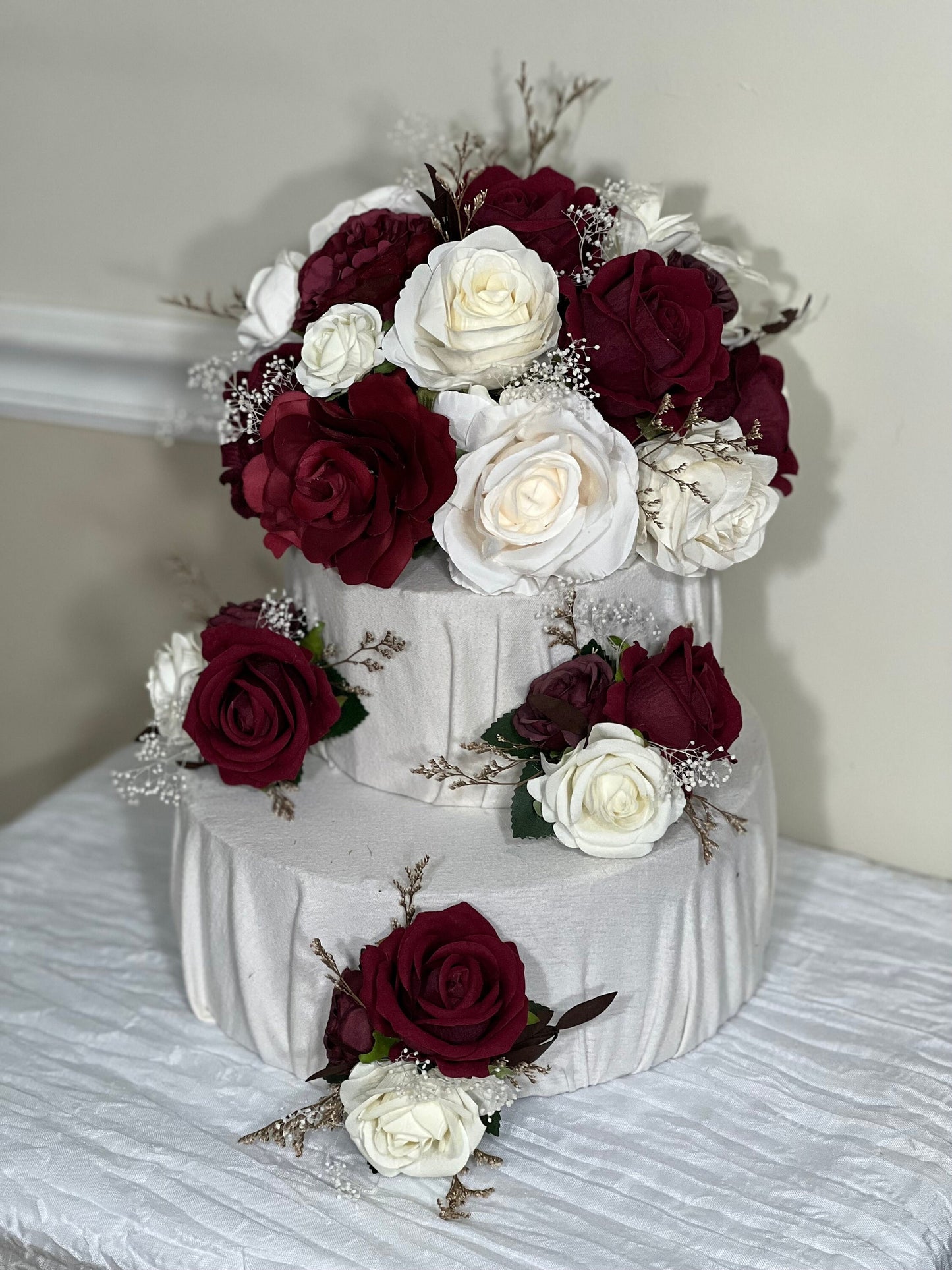 Wedding Cake Decoration Burgundy Topper Decor White Cake Arrangements Wedding Burgundy Ivory Cake Decor Wedding Artificial Flowers Topper