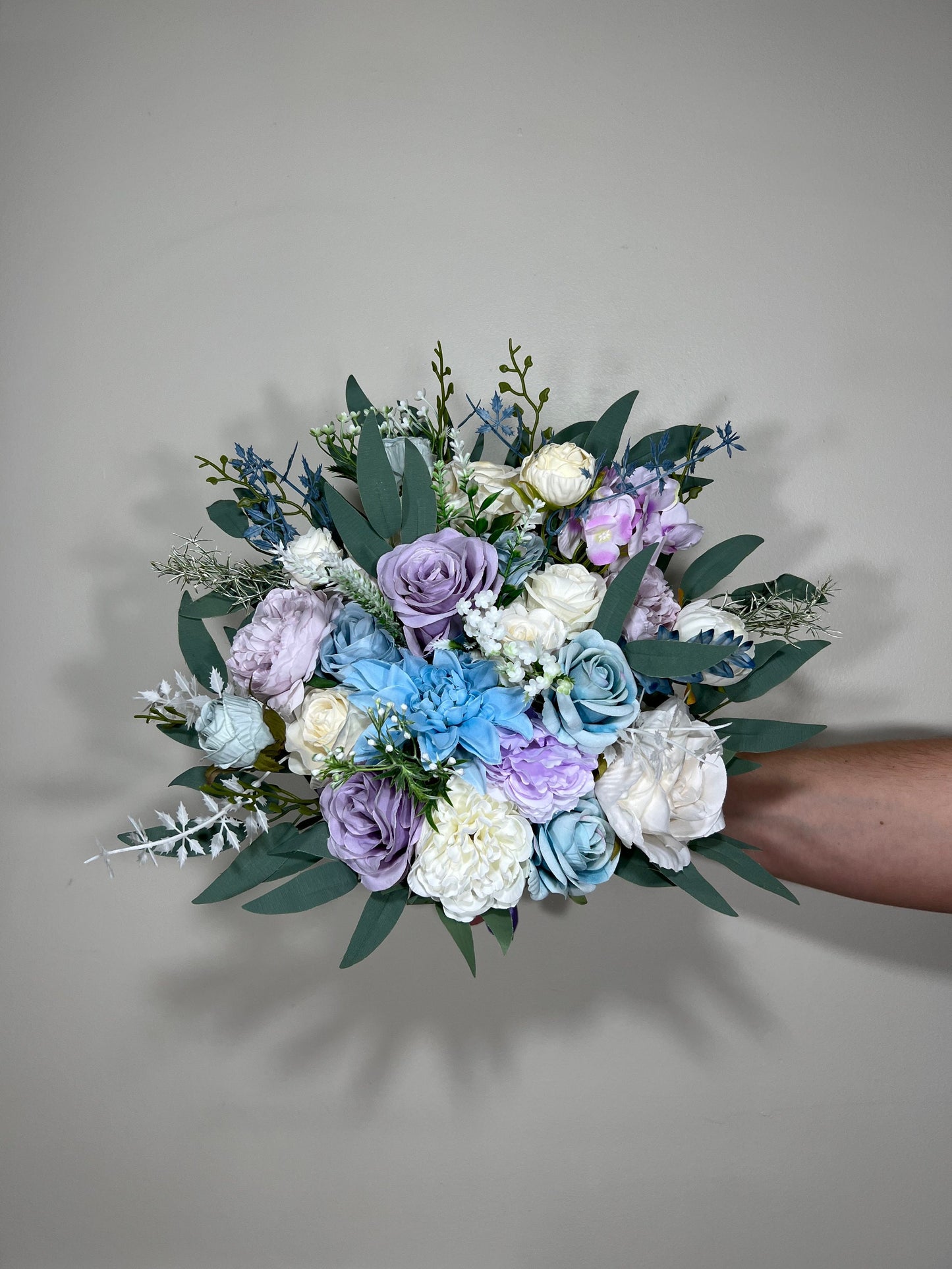 Wedding Bouquet Blue Bridal Rustic Light Purple Bouquet White Lavender Wild Flower Light Blue Eucalyptus Ivory Artificial Flower Lilac