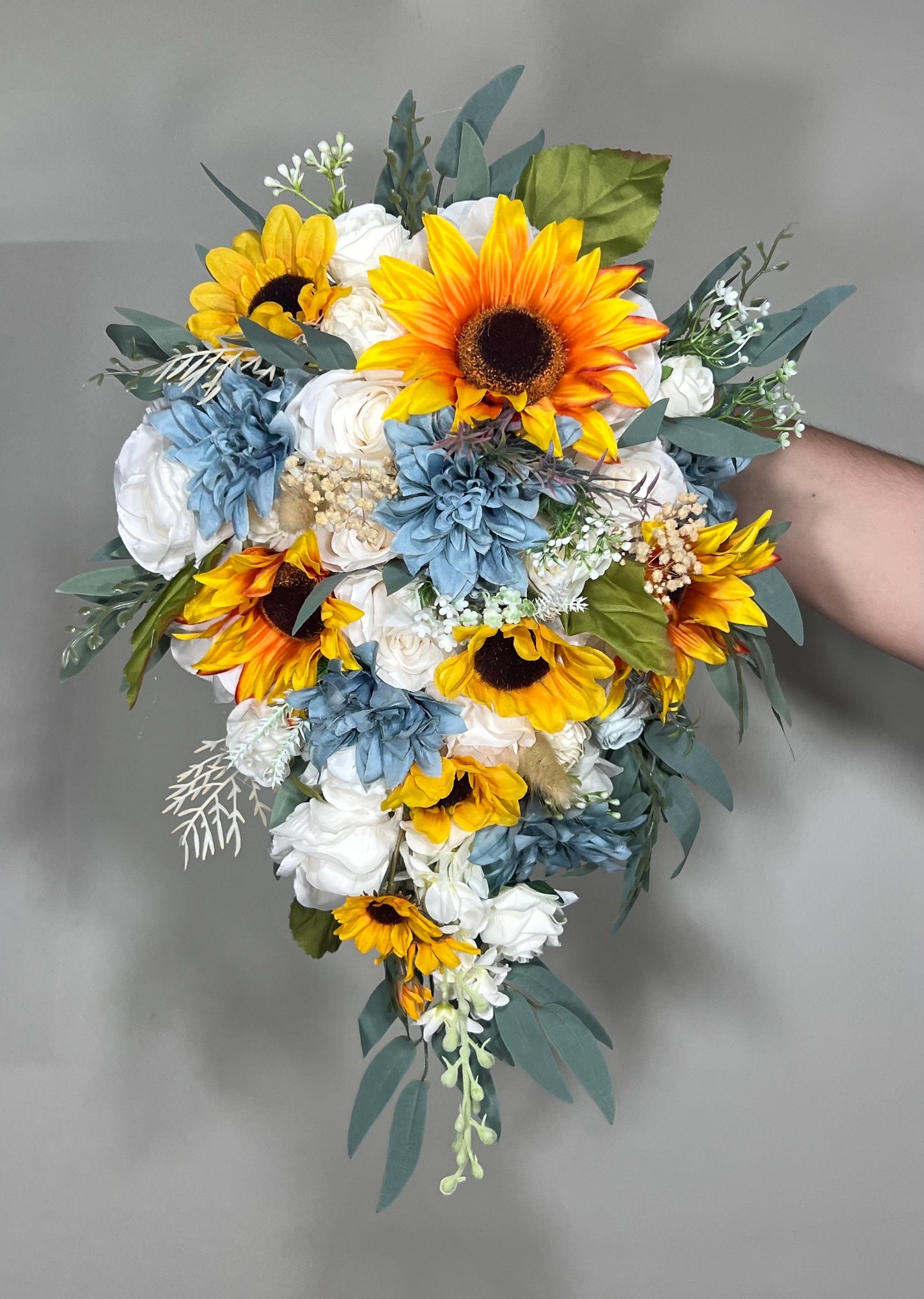 Wedding Bouquet White Bridal Cascade Sunflower Bouquet Cascading Ivory Dusty Blue Sunflower Bridesmaids Bouquet Blue Artificial Flowers