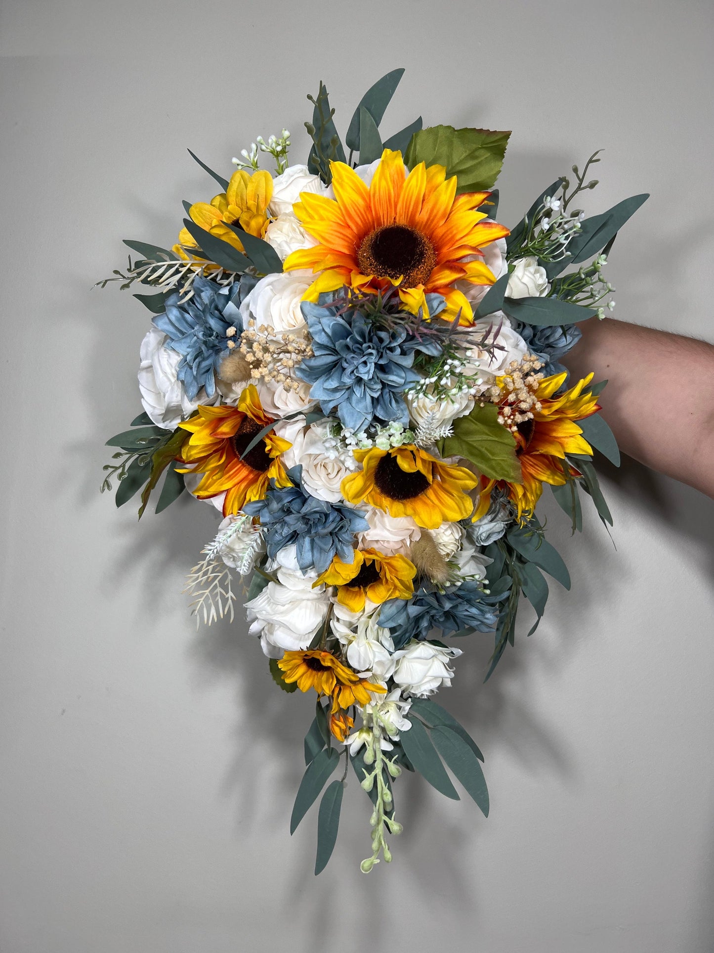 Wedding Bouquet White Bridal Cascade Sunflower Bouquet Cascading Ivory Dusty Blue Sunflower Bridesmaids Bouquet Blue Artificial Flowers