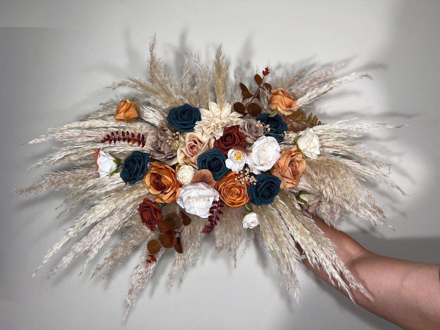 Wedding White Arch Arrangement Dark Teal Arch Terracotta Aisle Arrangement Rust Artificial Flowers Teal Pampas Grass Centerpiece Ivory