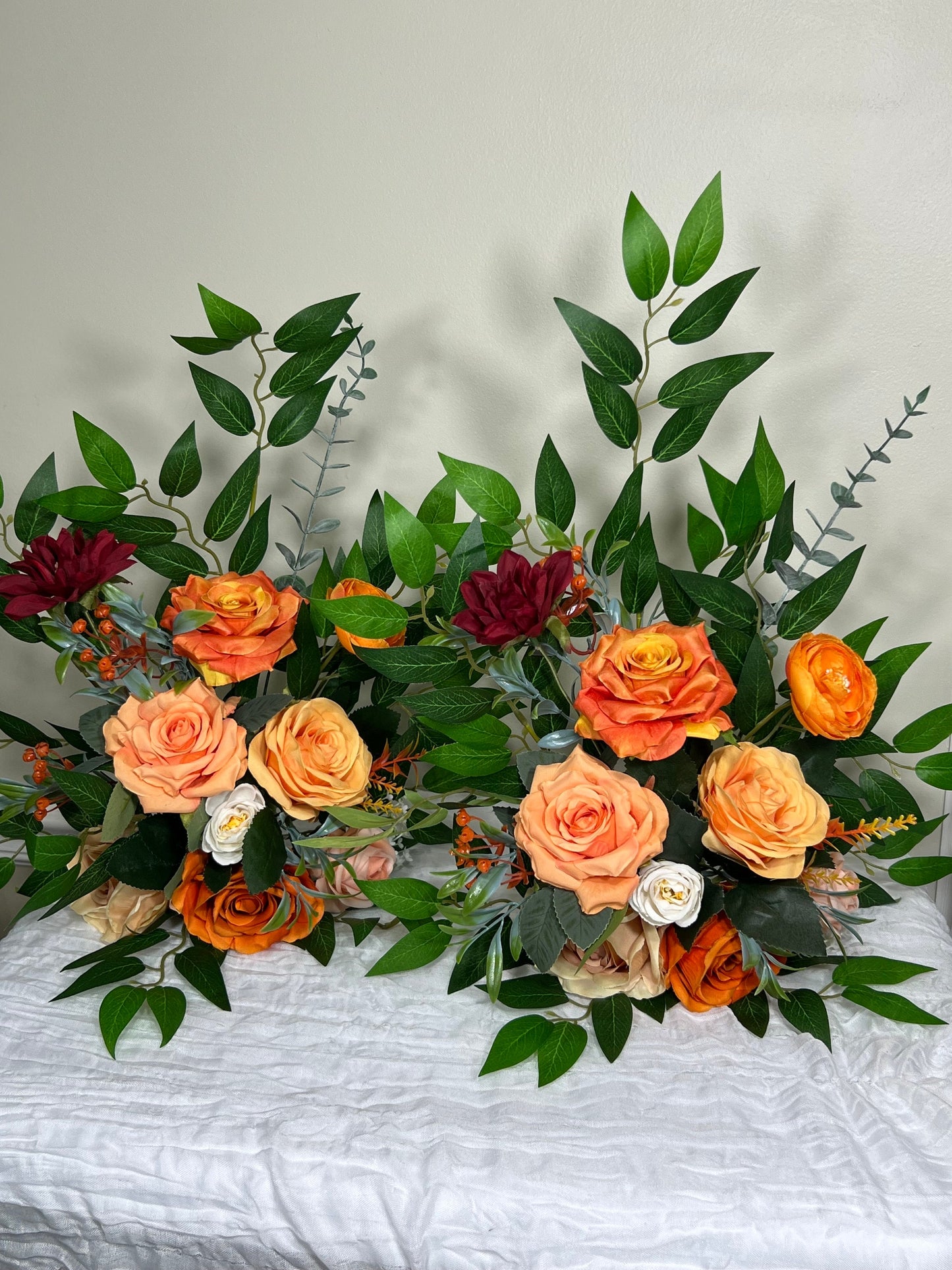 Set of 2 Wedding Aisle Marker Flower Floor Arrangement Whiskey Barrel Décor Burnt Orange Ground Arch Burgundy Ivory Peach