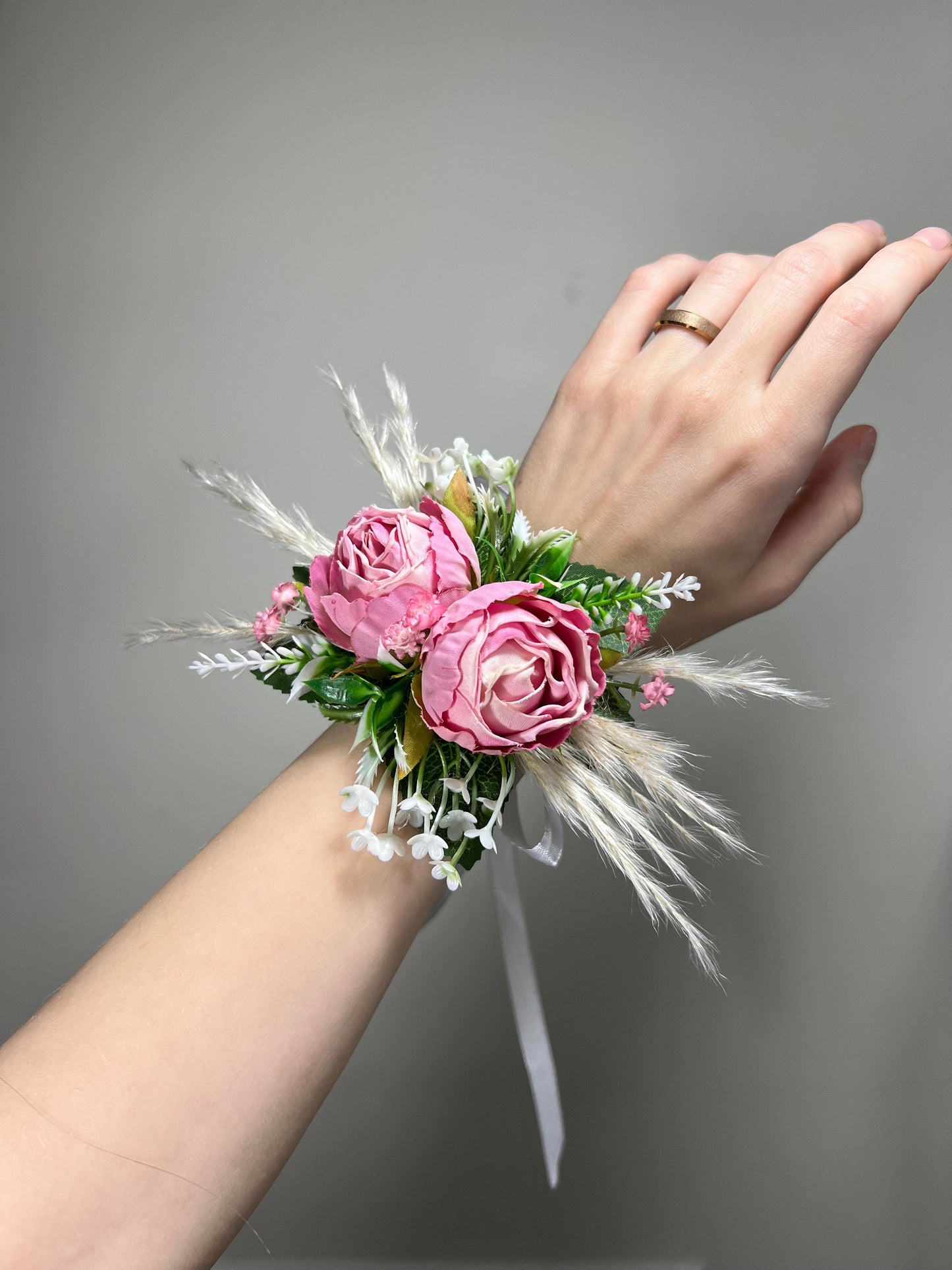 Corsage Pink Peony Wedding Pampas Grass Greenery Artificial Flowers Baby's Breath Gypsophila