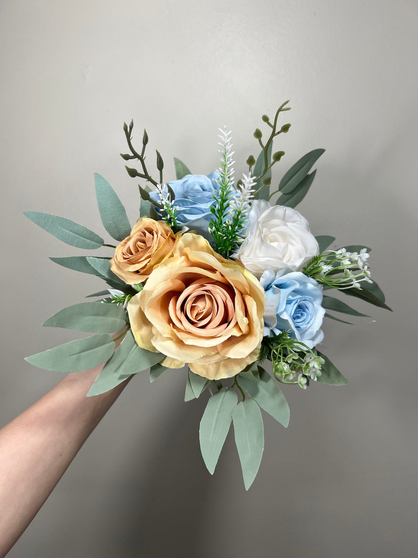 Orange Bouquet Blue Bridal Wedding Orange Rustic White Bridesmaids Bouquet Eucalyptus Greenery Ivory Orange Blue Artificial Flower