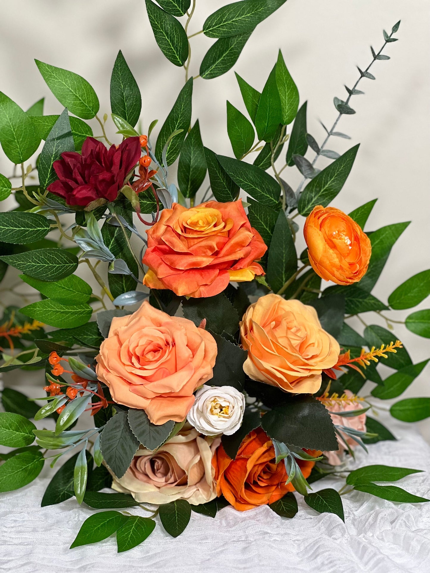 Wedding Aisle Marker Flower Floor Arrangement Whiskey Barrel Décor Orange Ground Arch Burgundy Ivory Burnt Orange Peach Flower