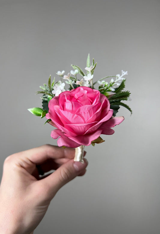 Pink Boutonniere Wedding Groom Pink Groomsmen Boutonnière Hot Pink Boutonniere Fuchsia Viva Magenta Prom Boutonniere Artificial Flower
