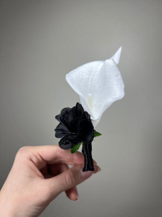 White Boutonniere Calla Wedding Groom Black and White Boutonnières Black Groomsmen Calla Lily Artificial Flowers Boutonnière White