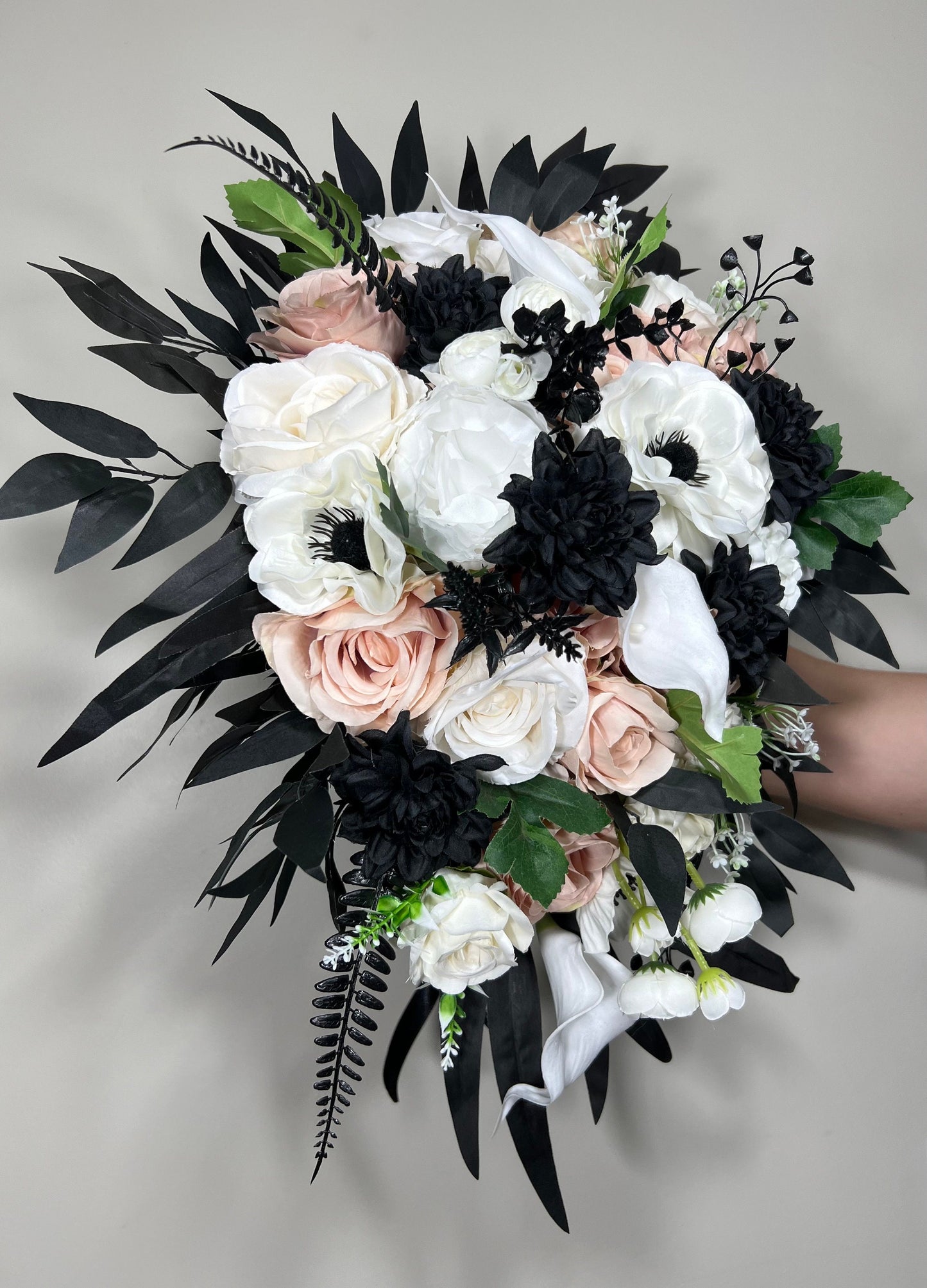 Black White Bouquet Bridal Dusty Rose Bouquet Black Blush White Bridesmaids Dusty PinkBouquet Anemone Calla Lily Ivory Artificial Flower