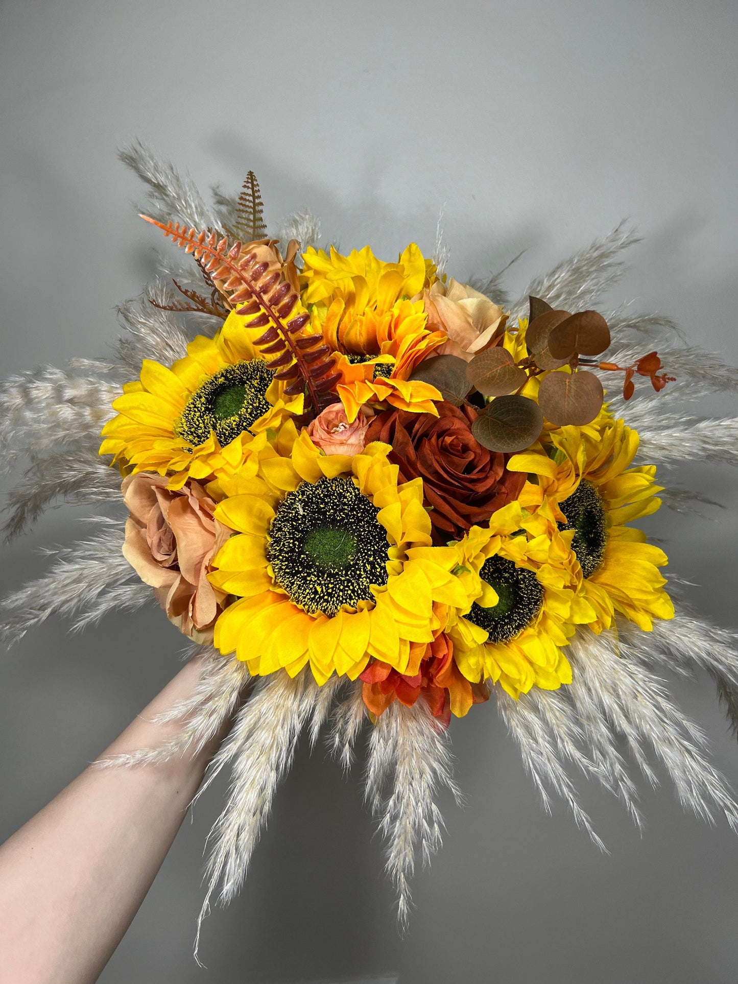 Wedding Bouquet Sunflower Boho Burnt Orange Bridal Terracotta Fall Decor Rust Sunflower Artificial Flowers Dried Pampas Grass Baby Breath